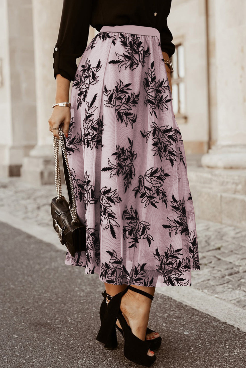 Perzik bloesem bloemenbladeren geborduurd hoge taille maxi rok