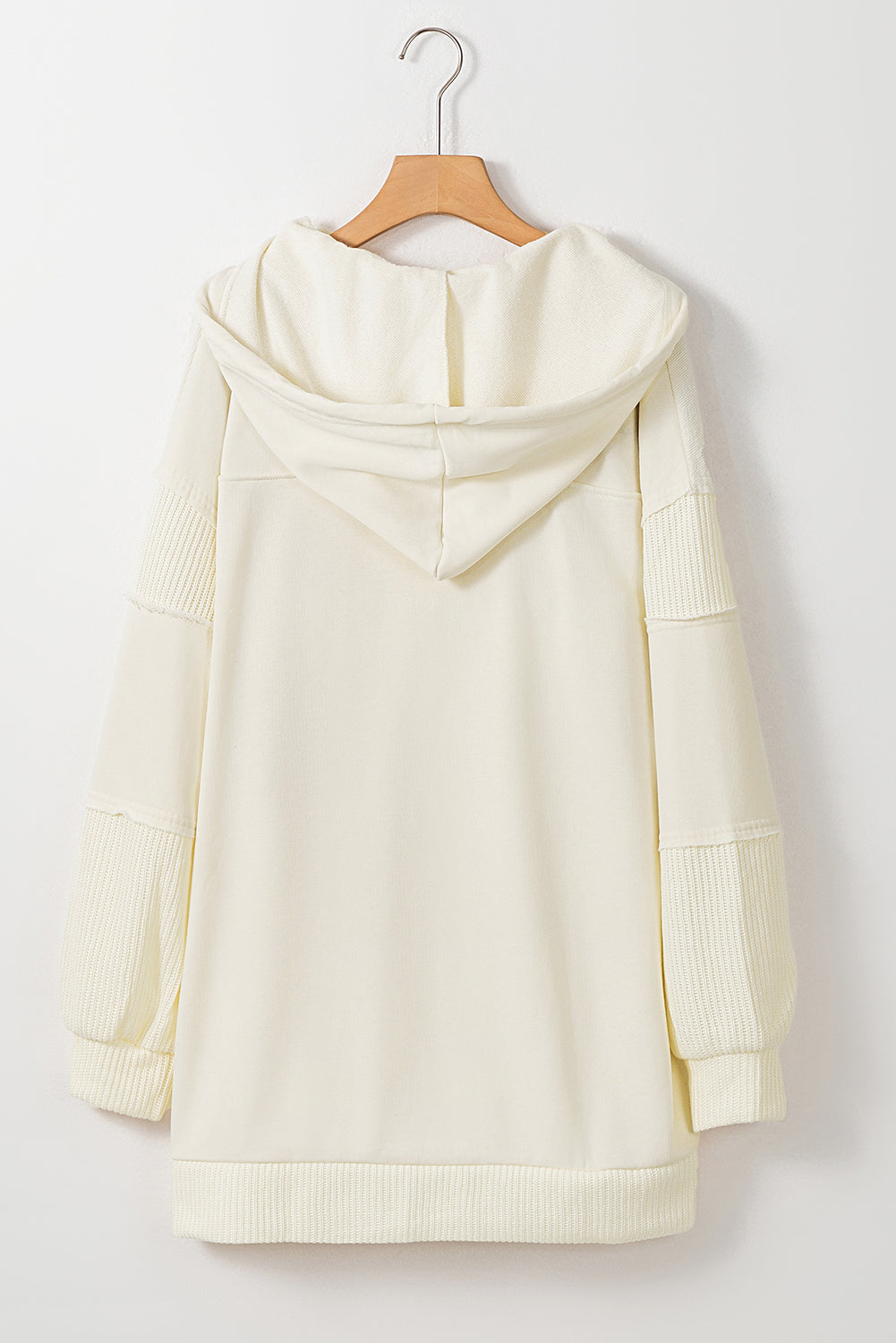 Beige Contrast Knit Patchwork Functionele Jas met Capuchon