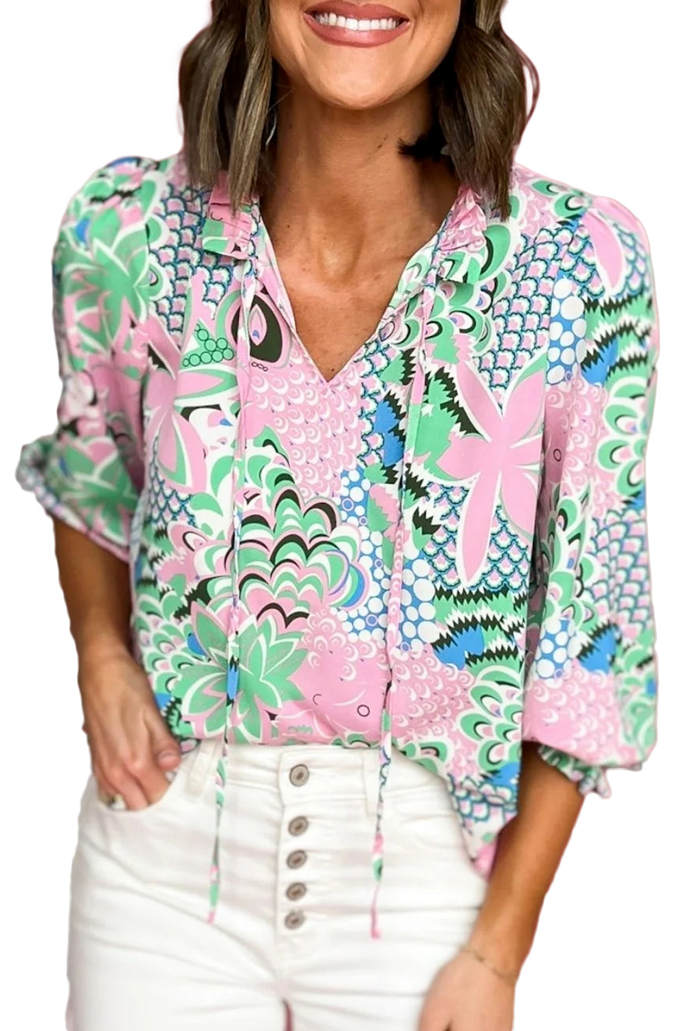 Groene bloemenprint v Nek vastgebonden losse blouse