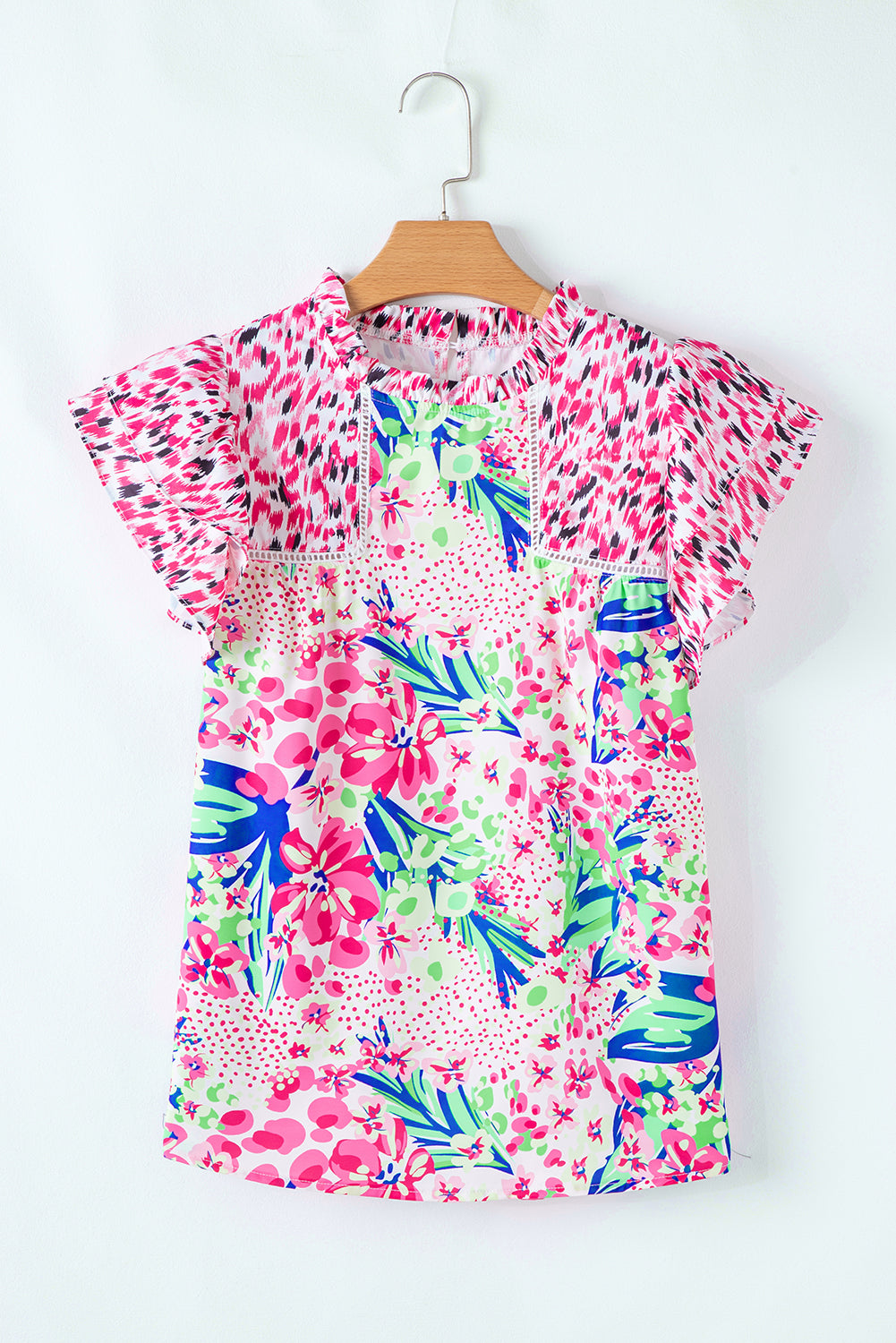 Roze bloemen gemengde print ruches cap mouw blouse