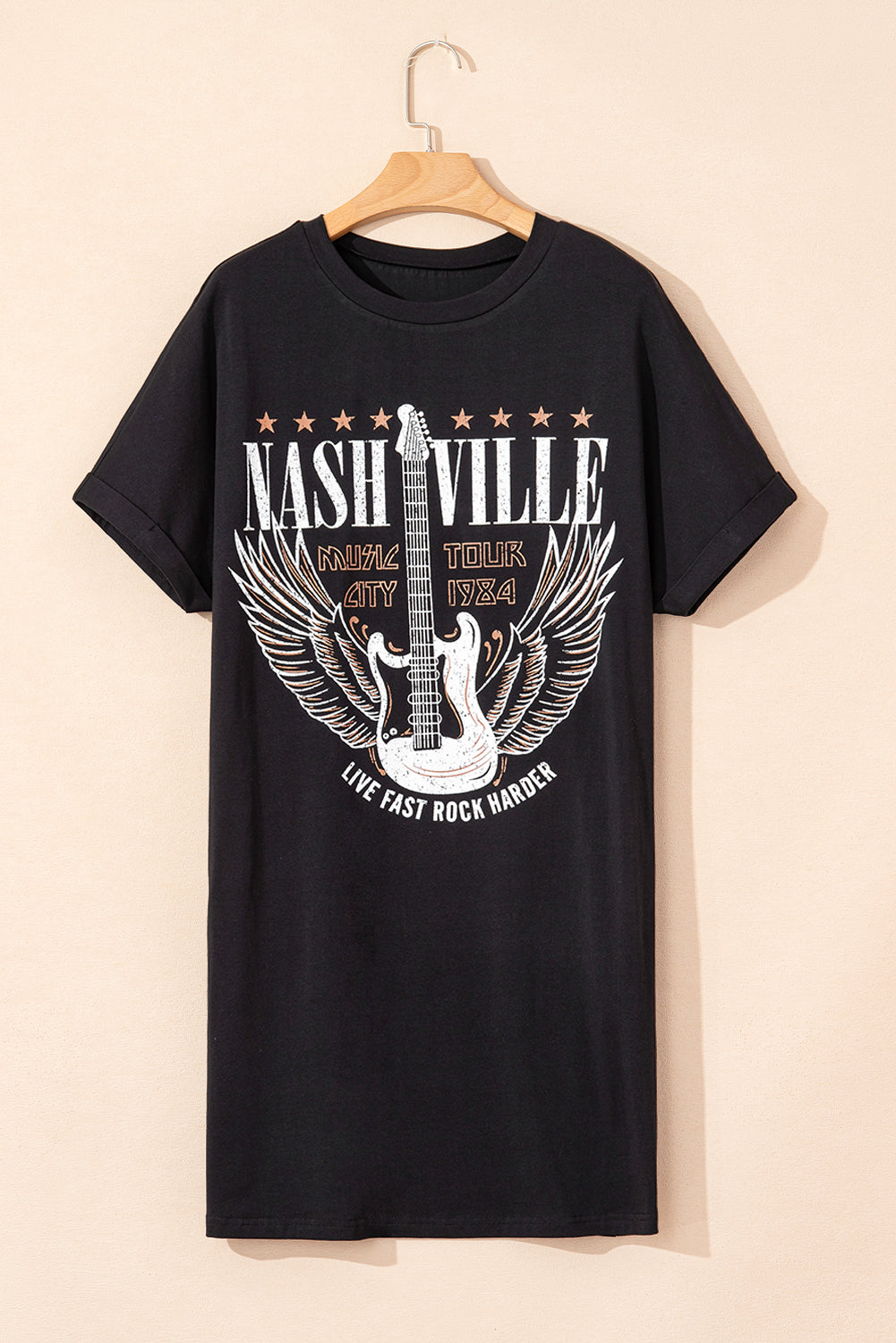 Black Nashville Guitar Print Crew Neck T -shirt mini -jurk