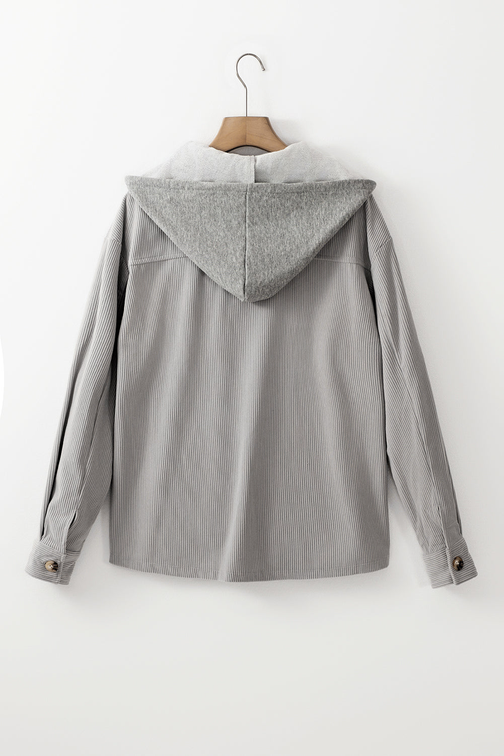 Lichtgrijze corduroy shacket met capuchon en trekkoordzakken