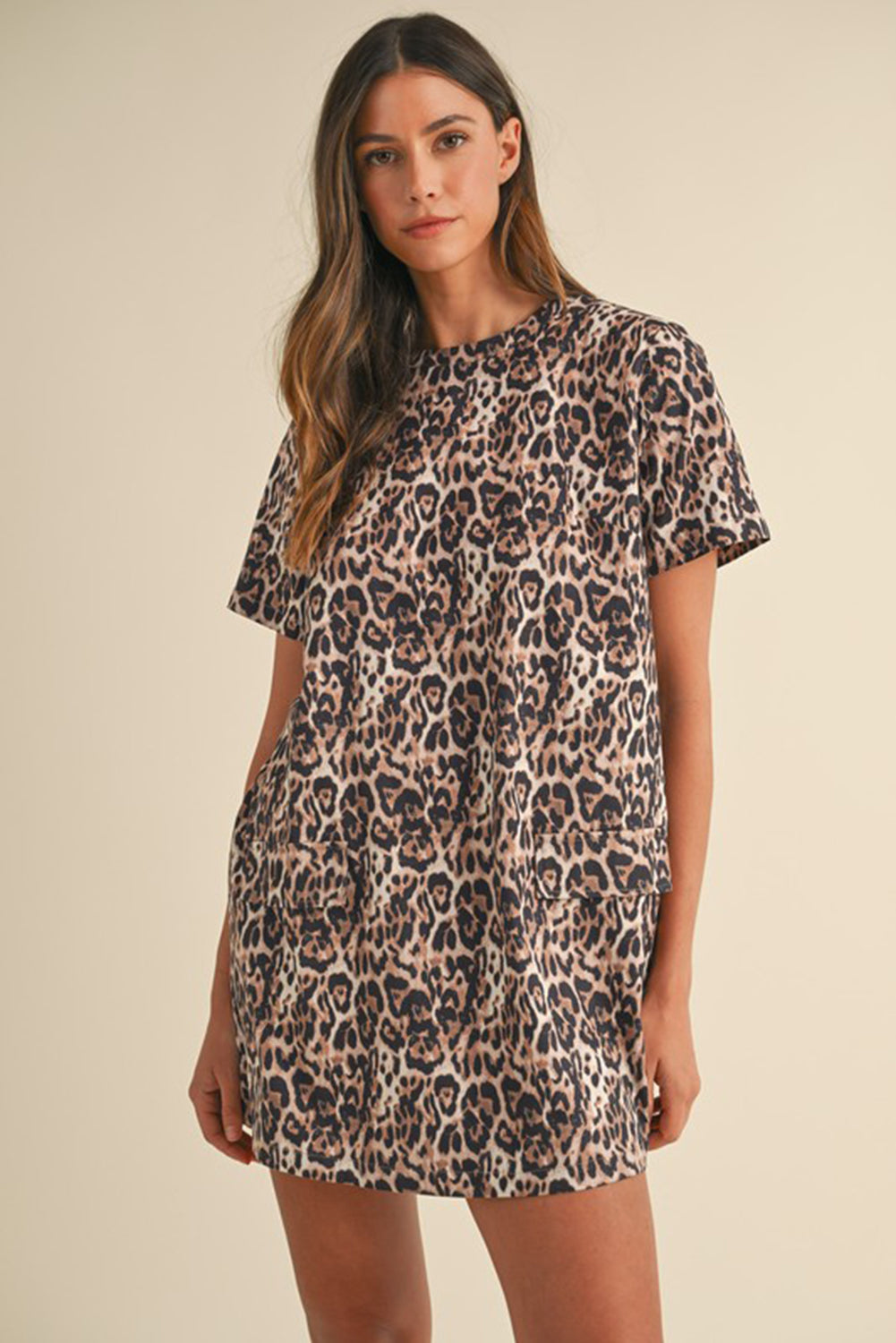 Bruine luipaard Print Crew Neck Shift Short T -shirtjurk