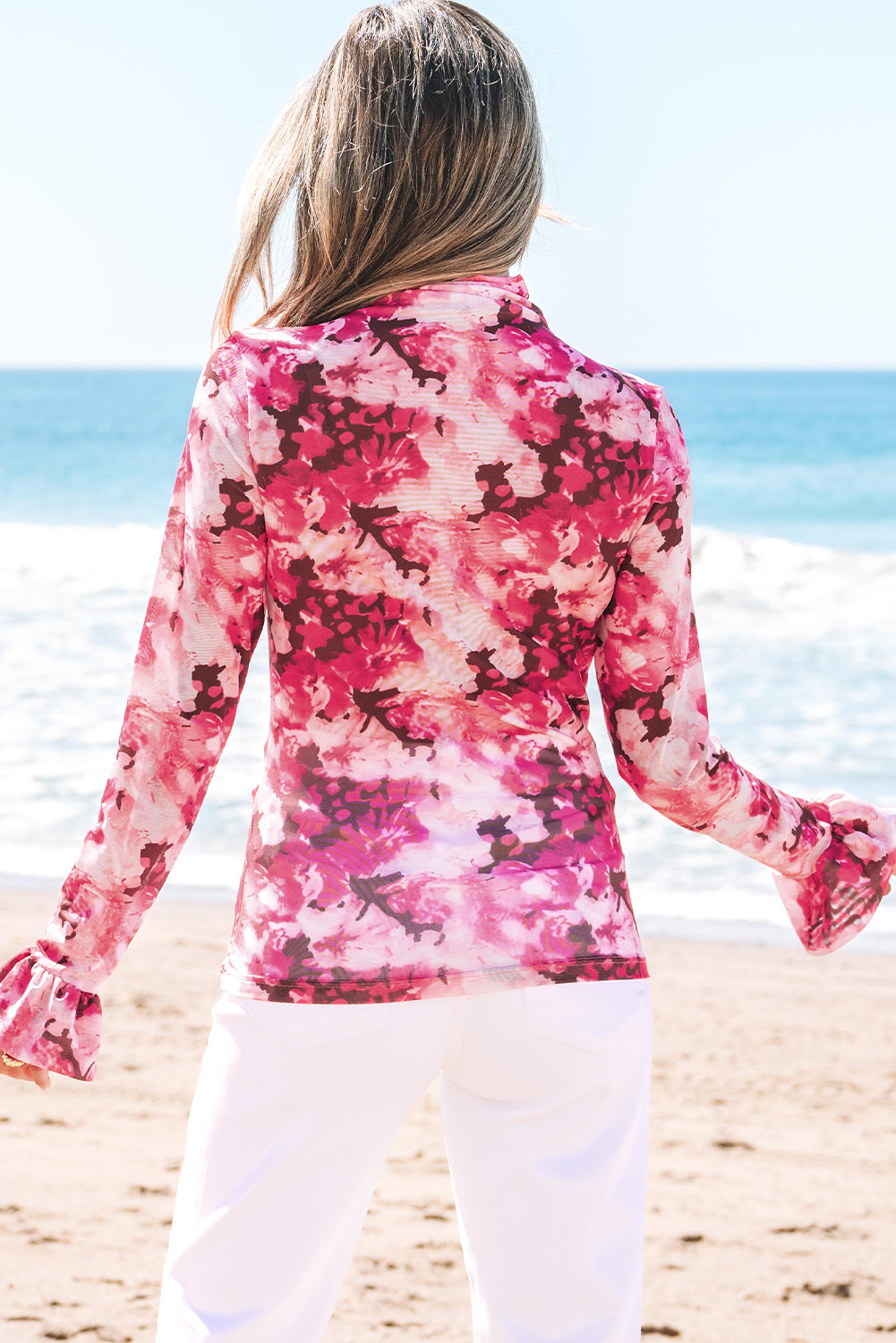 Rozen bloemen mesh founce mouw mock nek blouse
