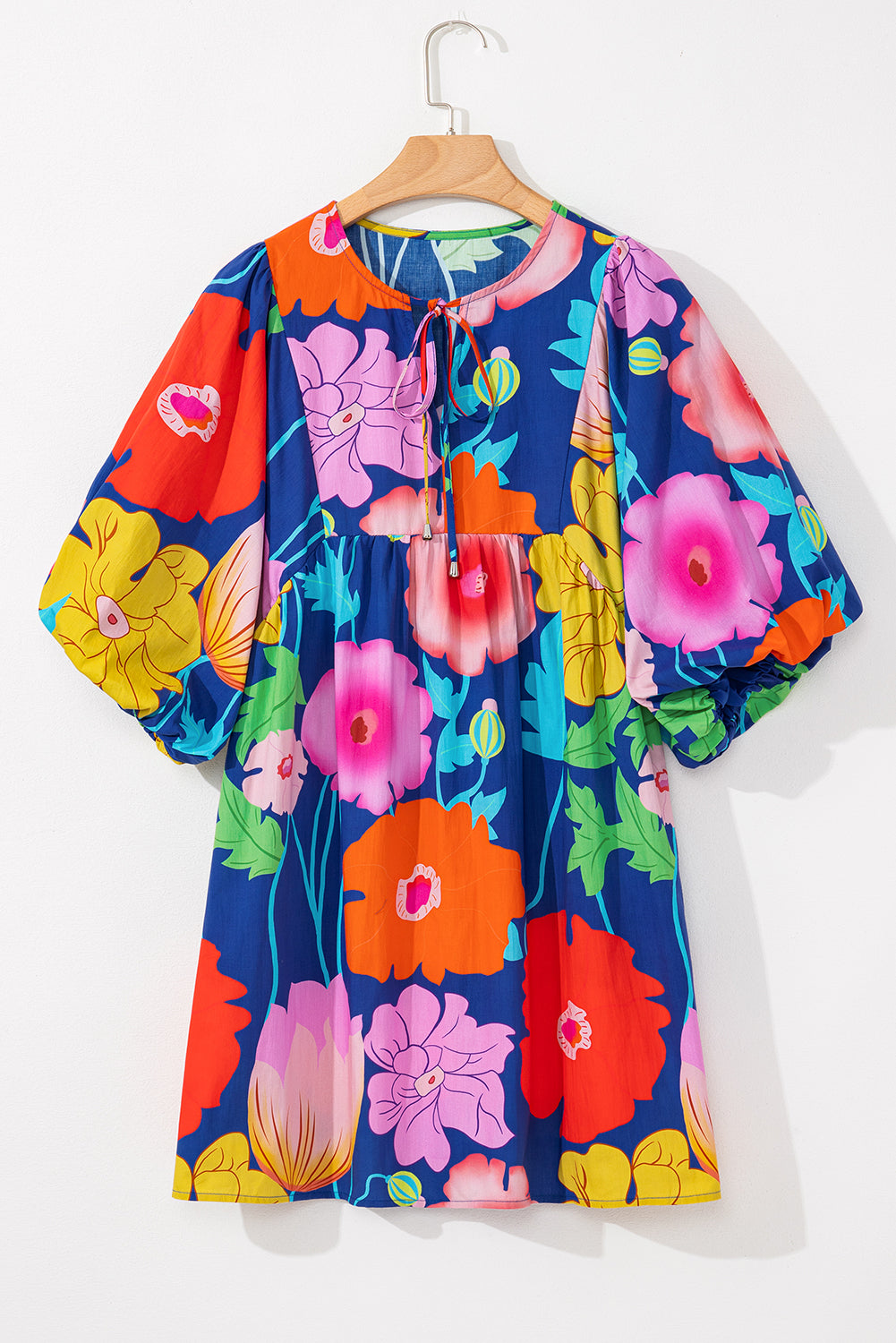 Donkerblauwe bloemenprint split nek babydoll jurk