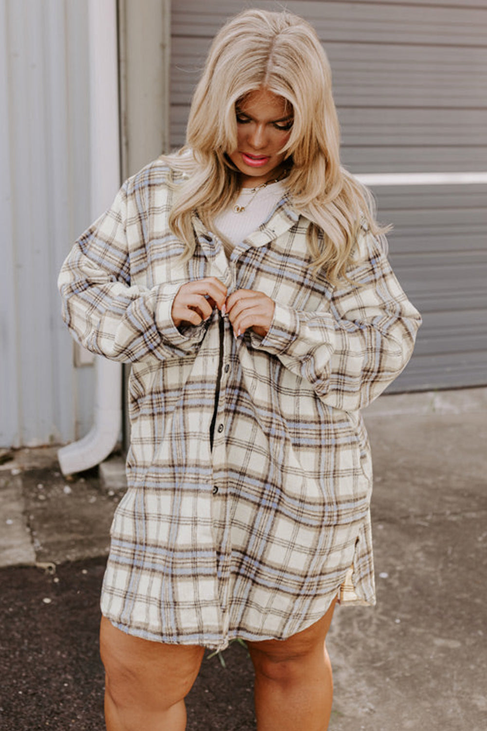 Witte tuniek met geruite print, grote maat shacket met splitten