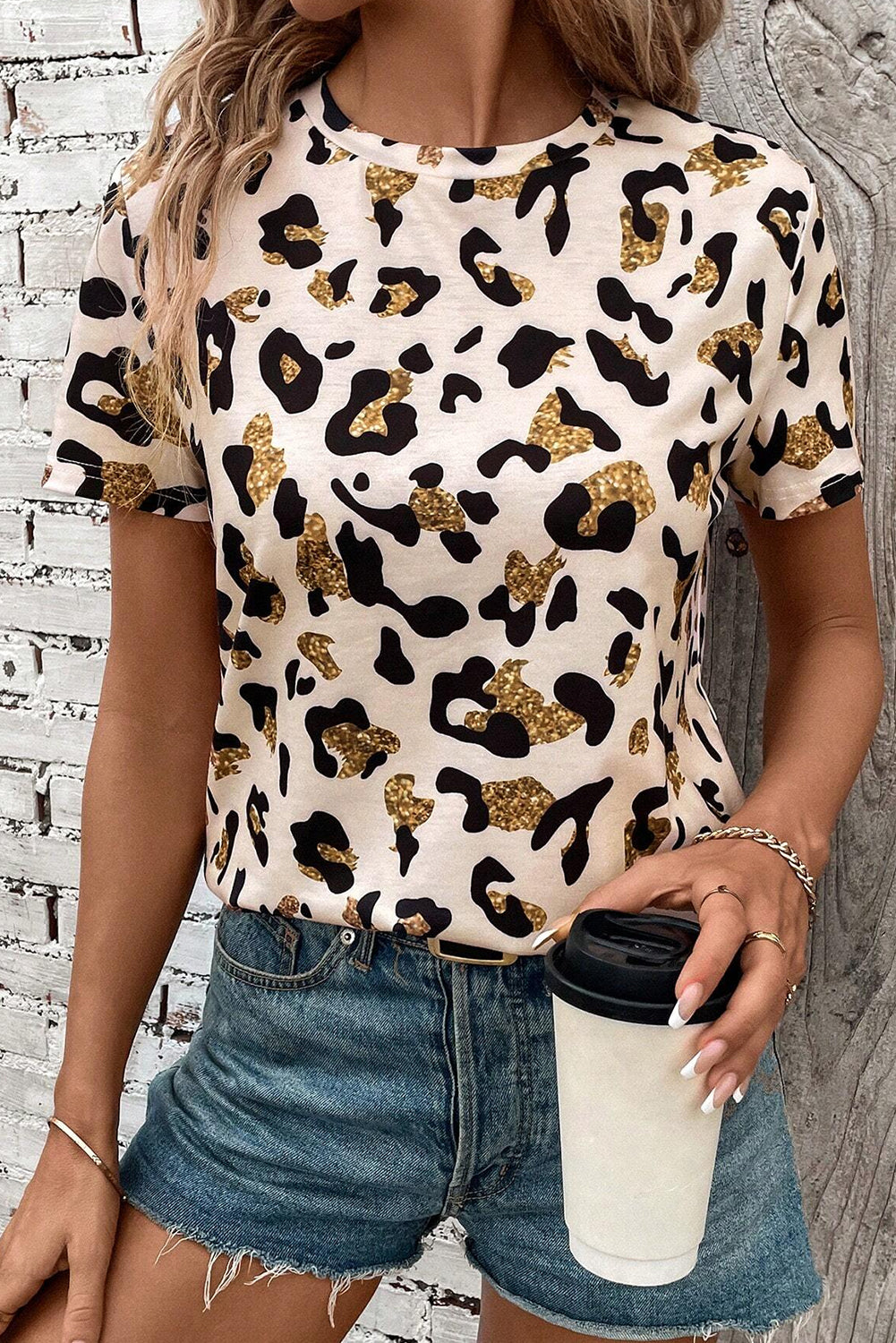 Abrikoos luipaard afdruk ronde nek casual t -shirt