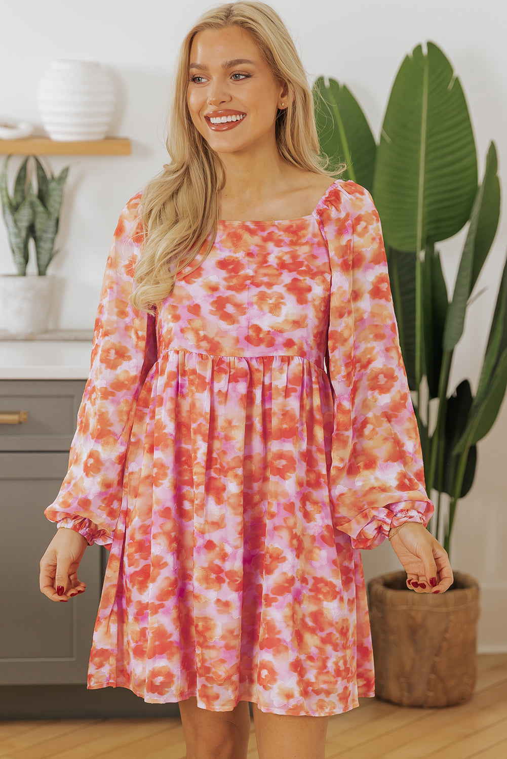 Rose Floral Print Square Neck High Taille Mini Dress