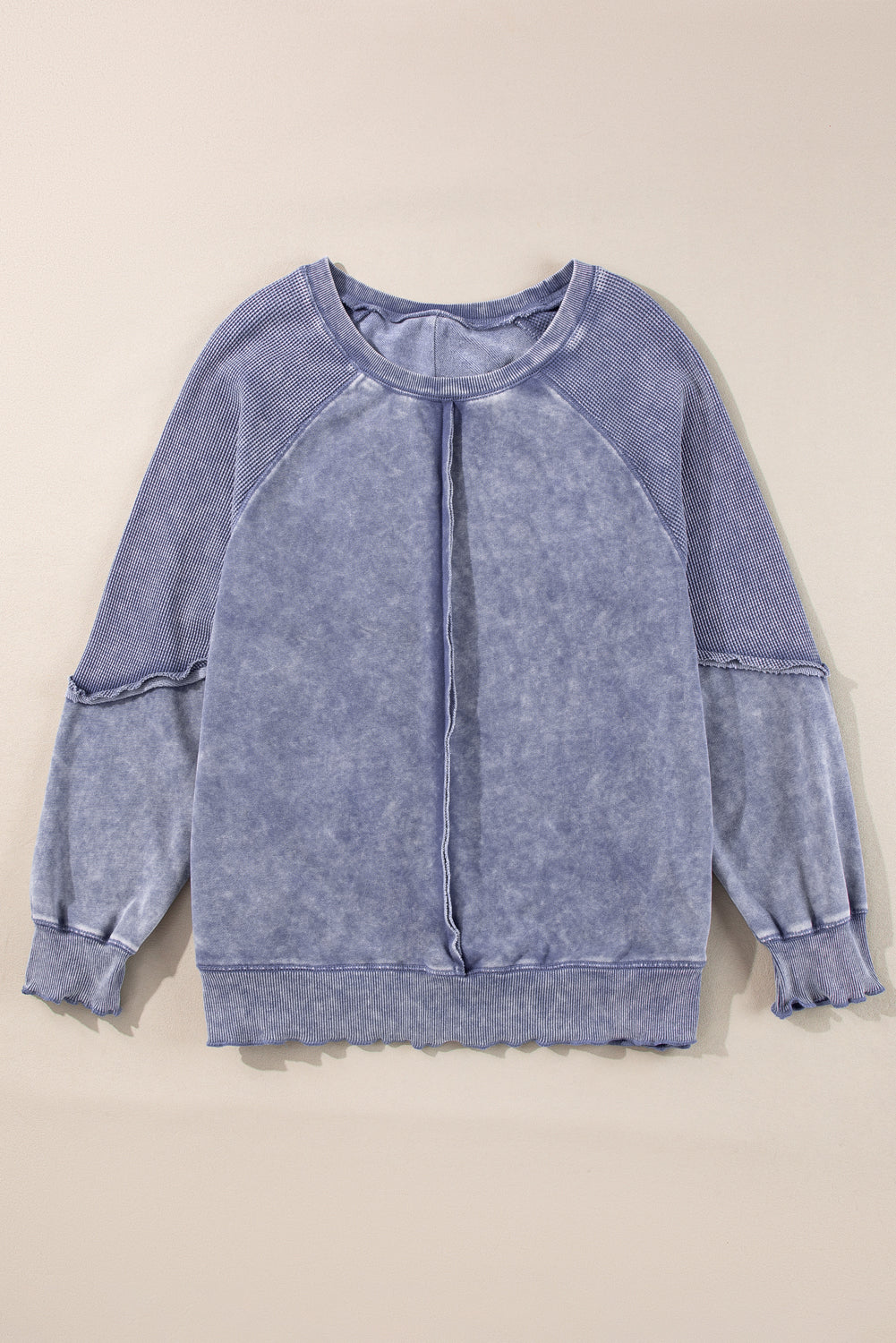Zeil blauw massief wafel gebreide patchwork raglan mouw sweatshirt