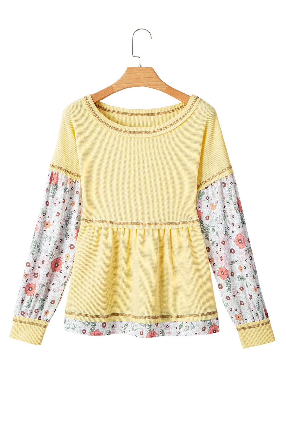 Geel bloemen patchwork wafelgebreide babydollblouse
