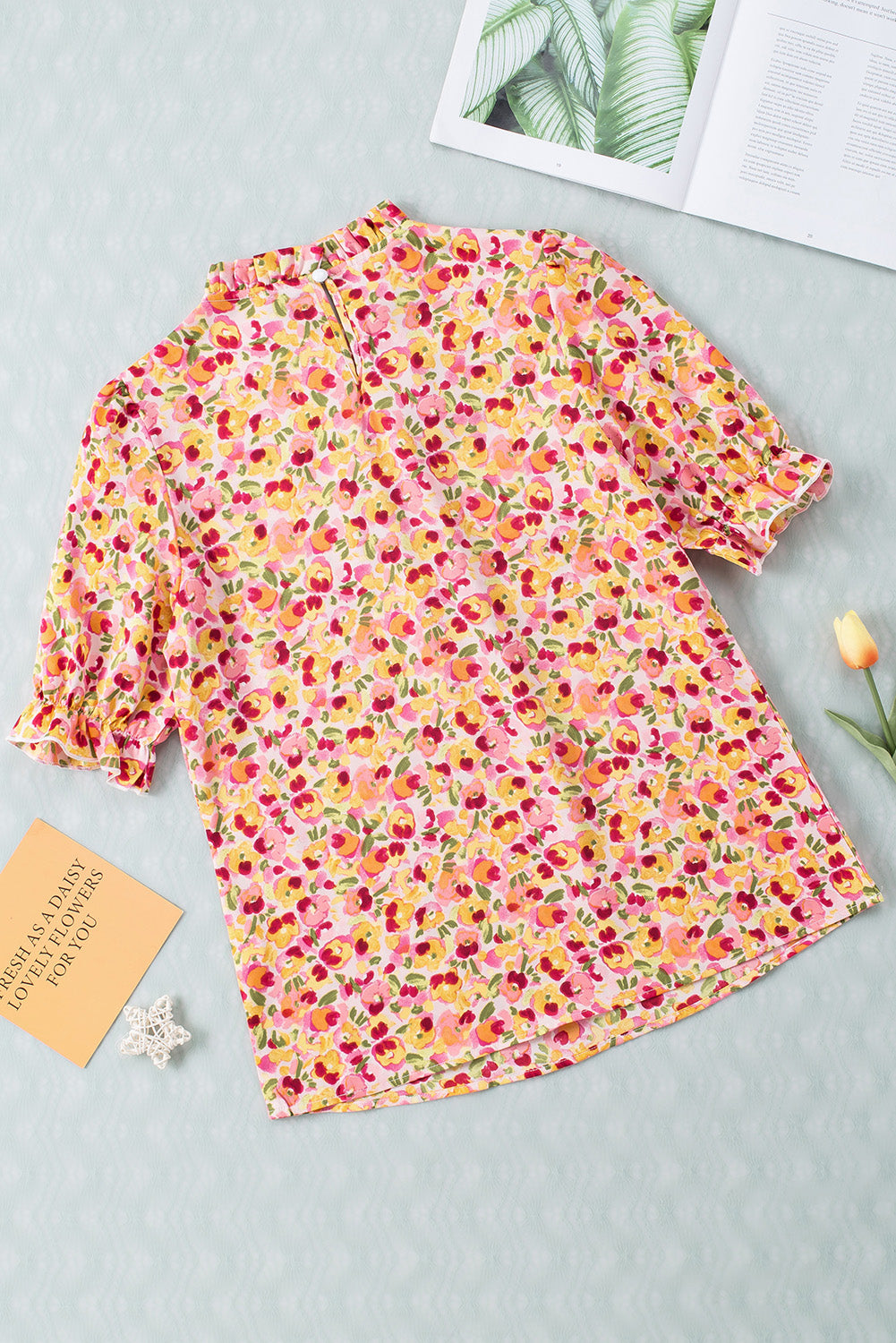 Oranje Boho bloemen ruches korte mouw franje mock hals blouse