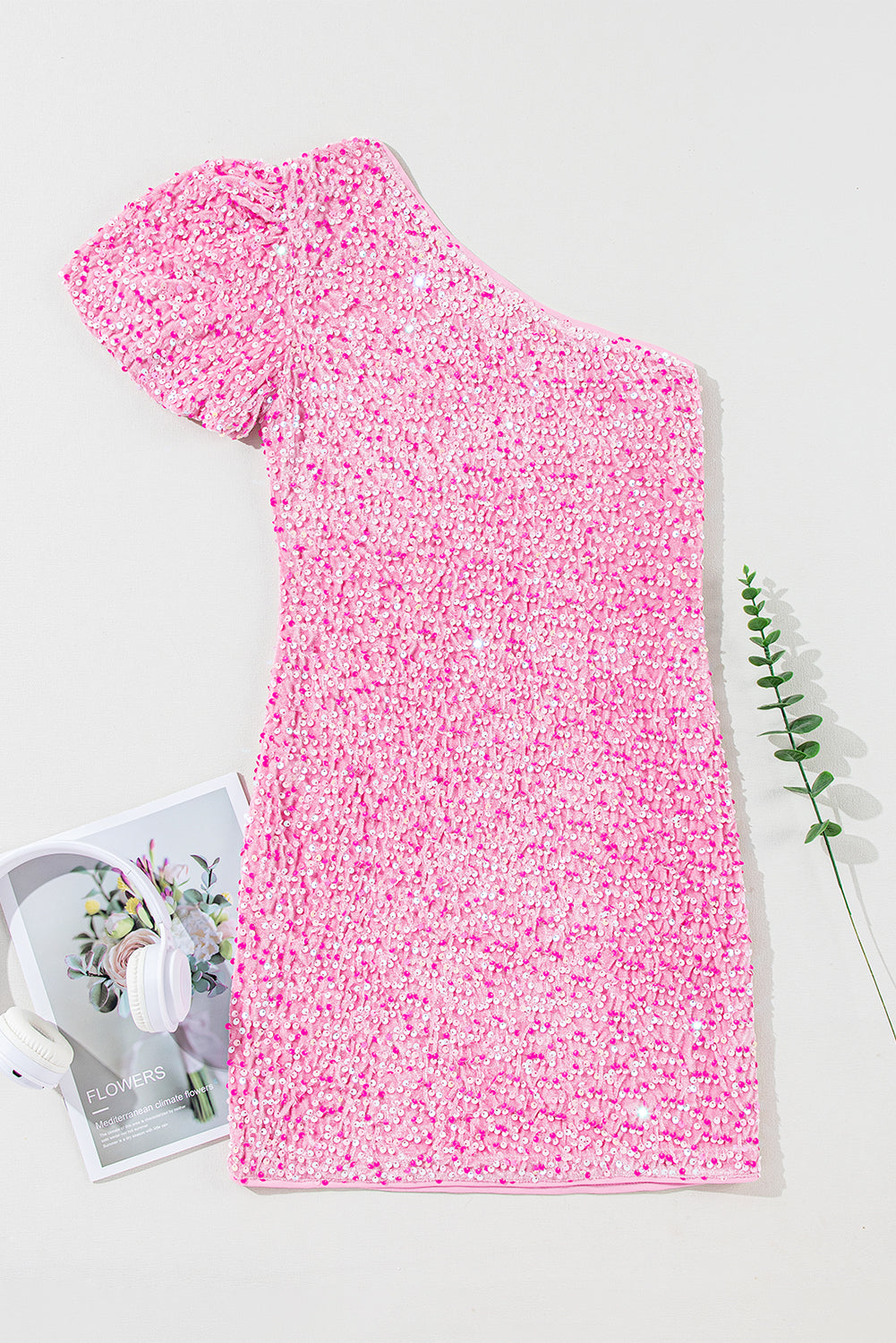Roze pailletten een schouder pofmouw bodycon mini-jurk