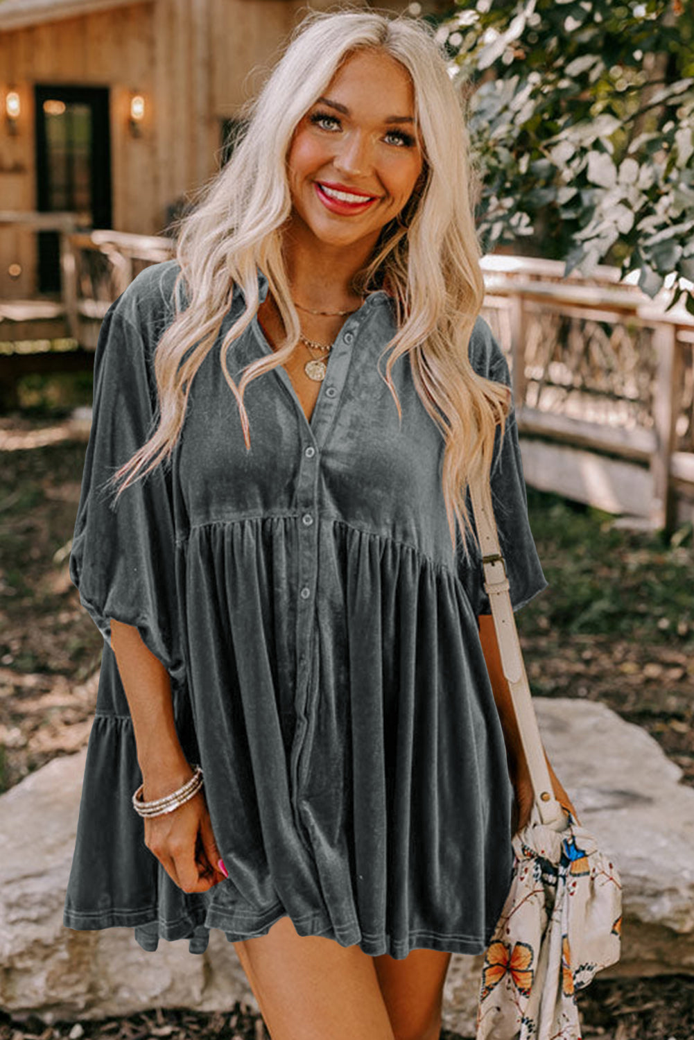 Donkergrijs tuniek-babydoll fluwelen shirt met 3/4 mouwen