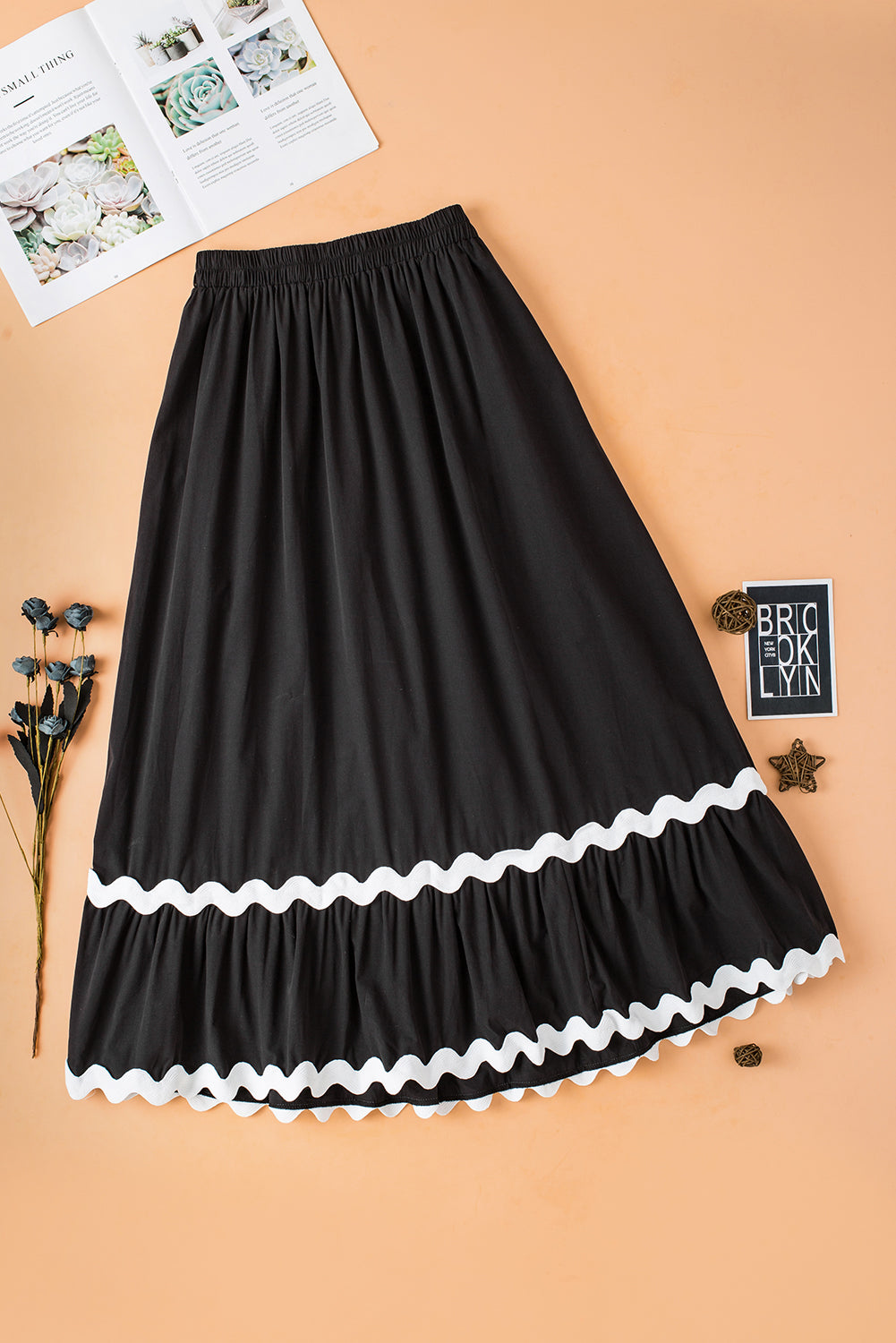 Zwarte Ricrac Trim Colorblock lange rok met hoge taille