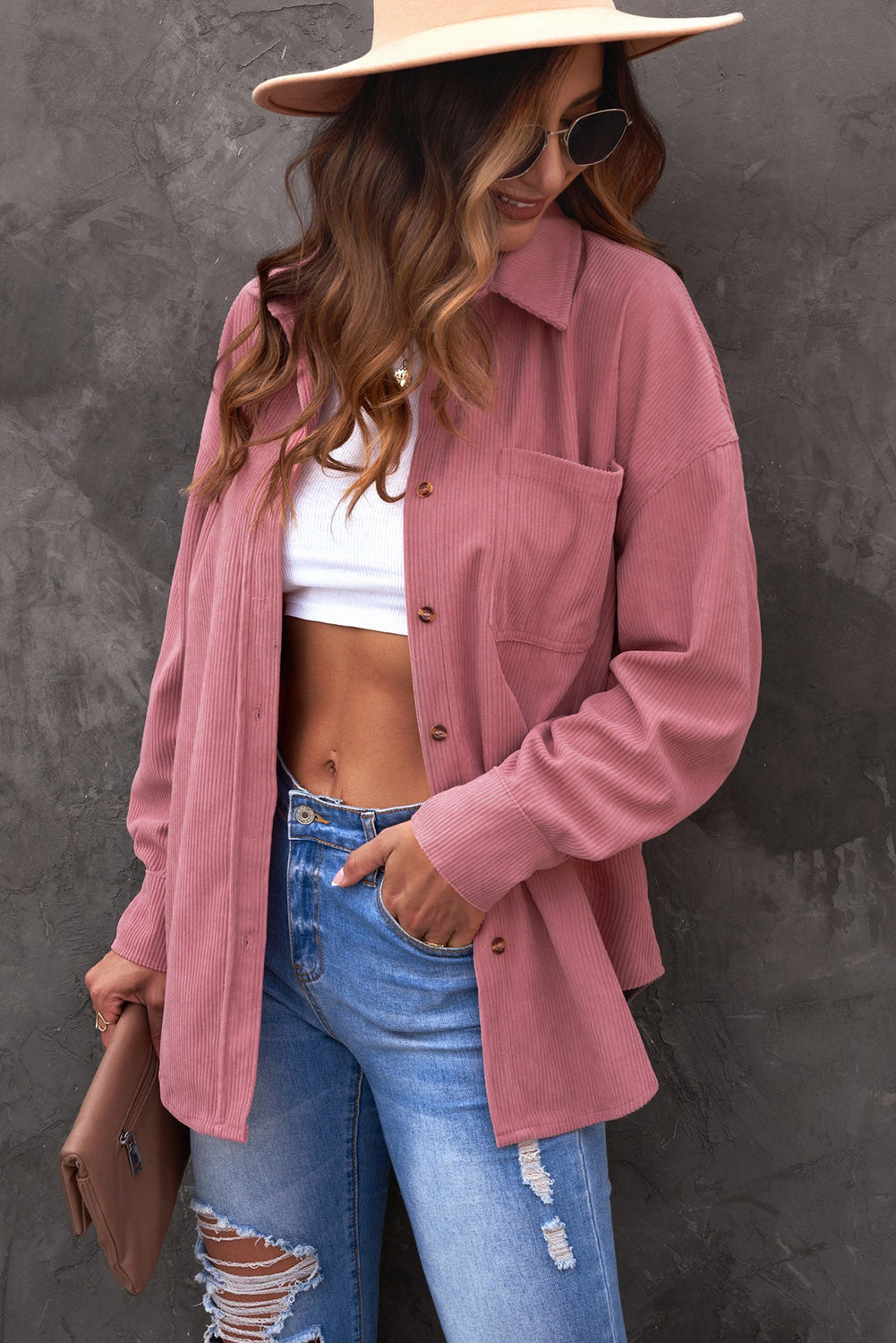 Roze corduroy overhemd met knoopzak