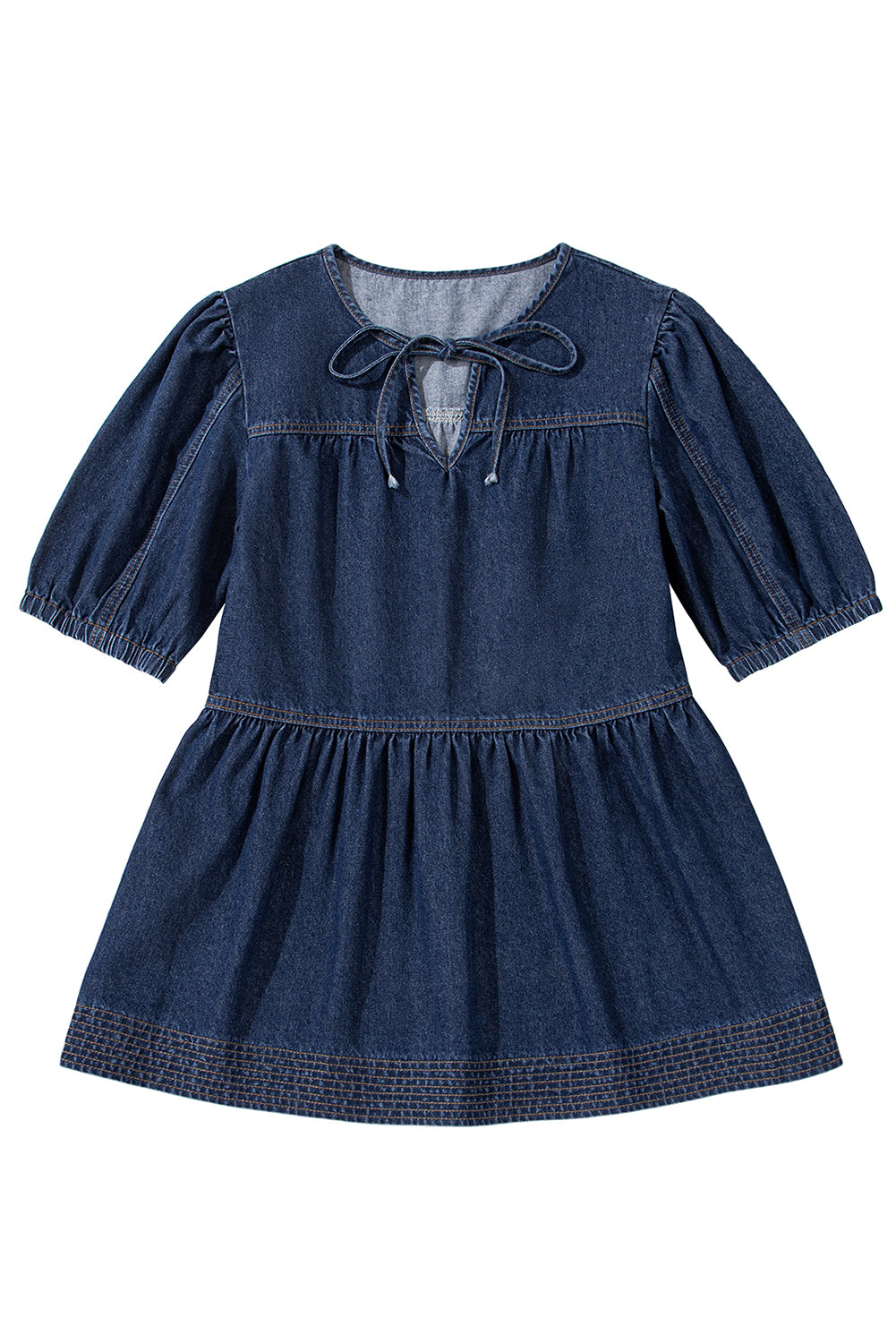 Zeil blauwe puff mouw veter halslijn splicing denim blouse