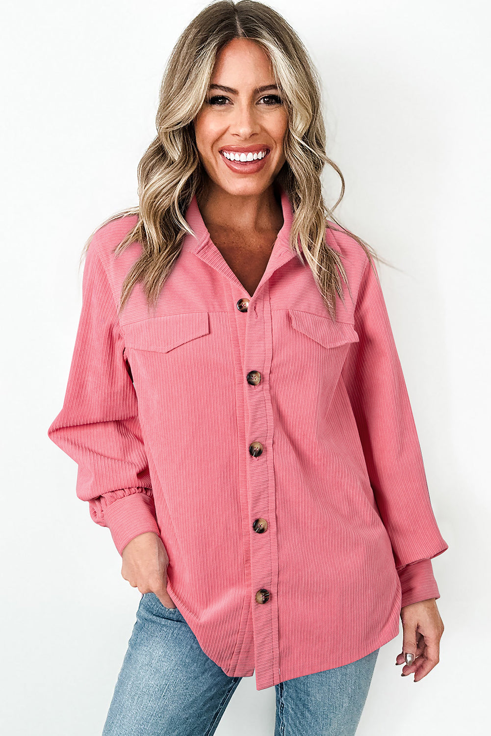 Bonbon Corduroy Flap Detail Knoopsluiting Split Shacket