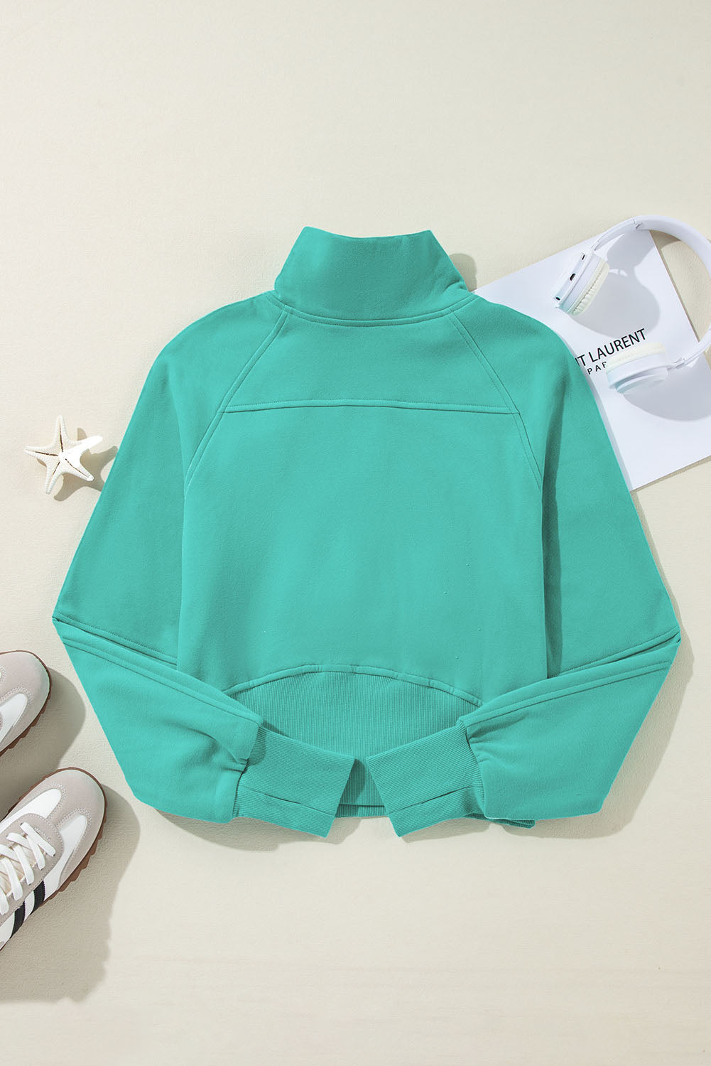 Smoke Green Fleece Lined Zip Up Stand Collar Thumbhole Sleeve Sweatshirt