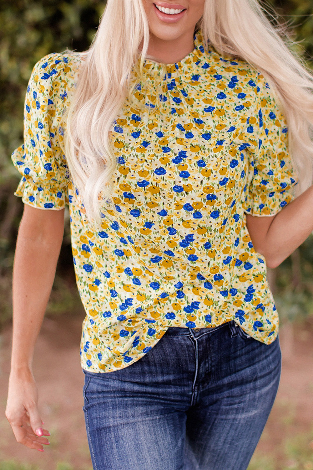 Gele Boho bloemen ruches korte mouw franje mock hals blouse
