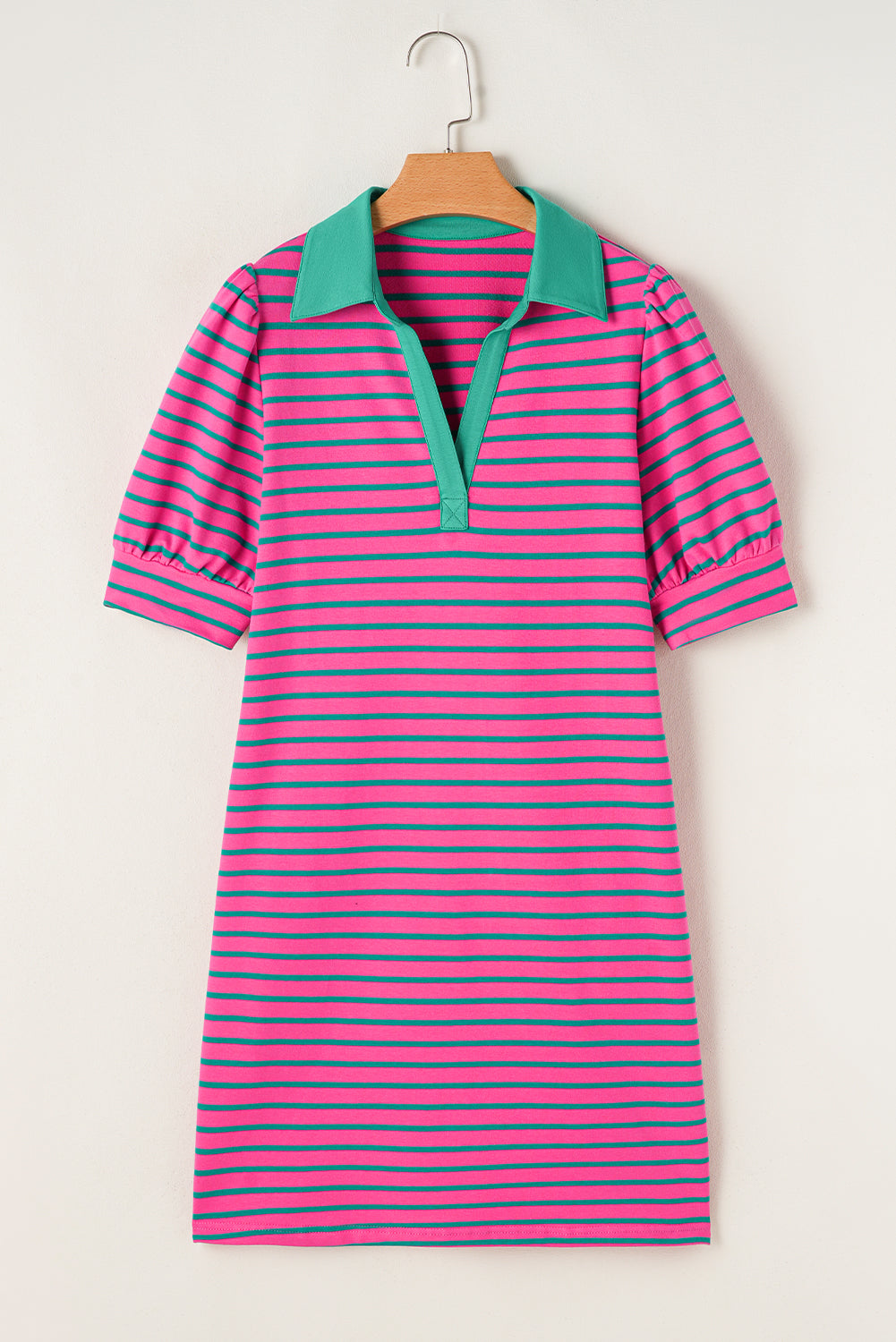Roze streep collared v necy puff puff mouw t shirt jurk
