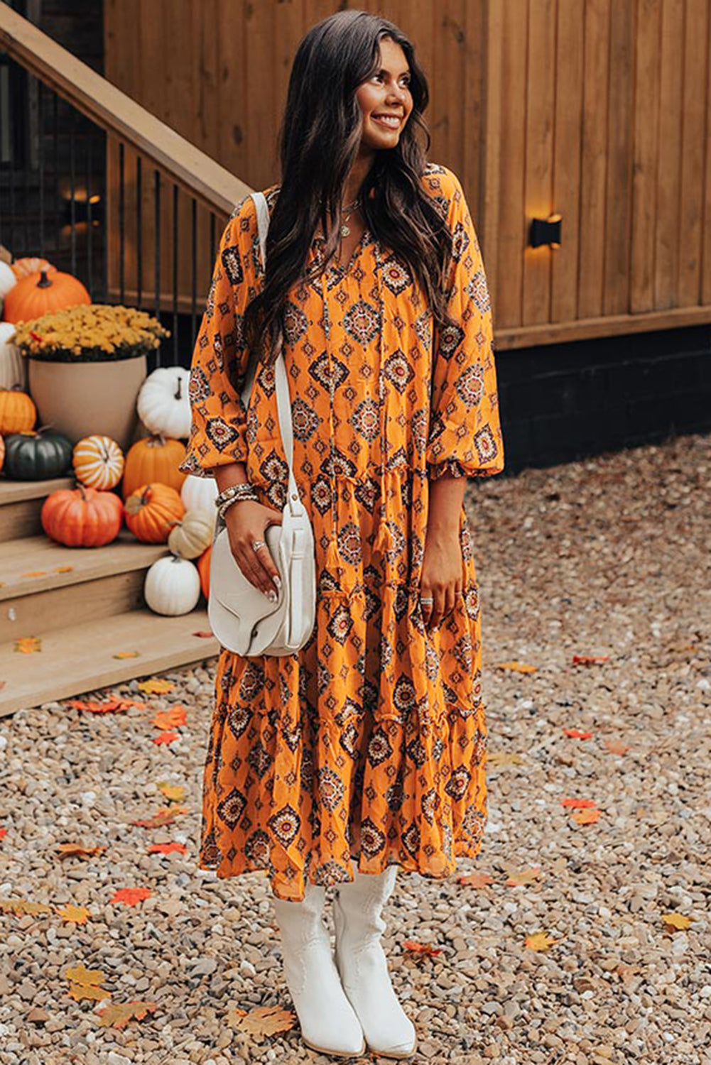 Oranje westerse geometrische print gelaagde frisdress los fit midi -jurk