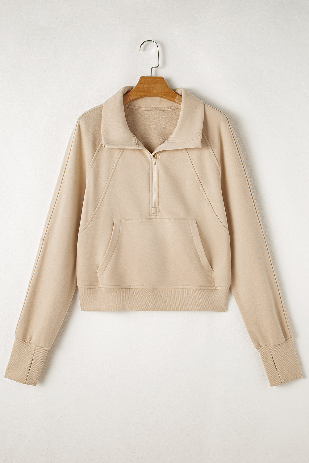Smoke Green Fleece Lined Zip Up Stand Collar Thumbhole Sleeve Sweatshirt