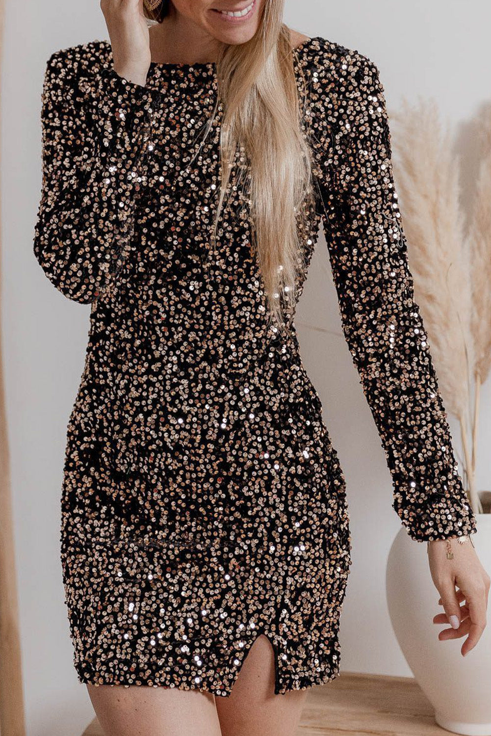 Kastanje pailletten bemanning nek nek bodycon jurk met lange mouwen