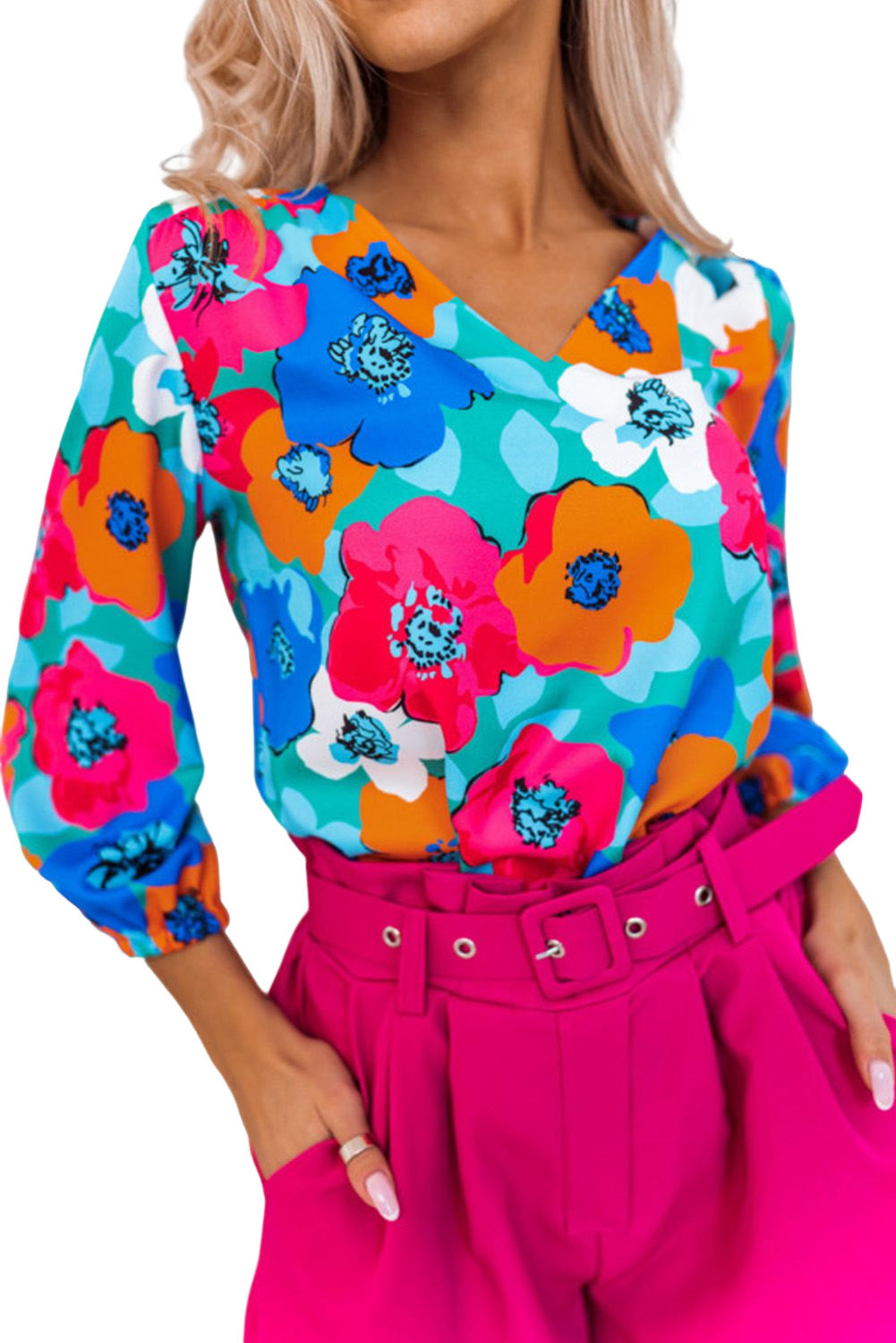 Blouse met veelkleurige bloemenprint, V-hals en 3/4 mouwen