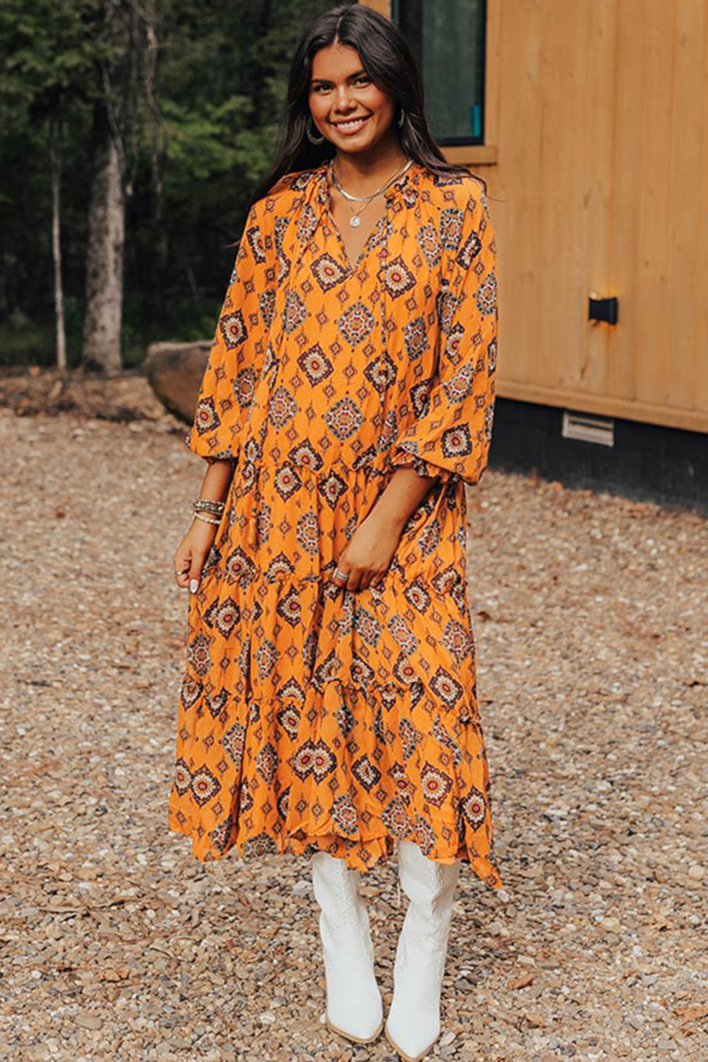 Oranje westerse geometrische print gelaagde frisdress los fit midi -jurk