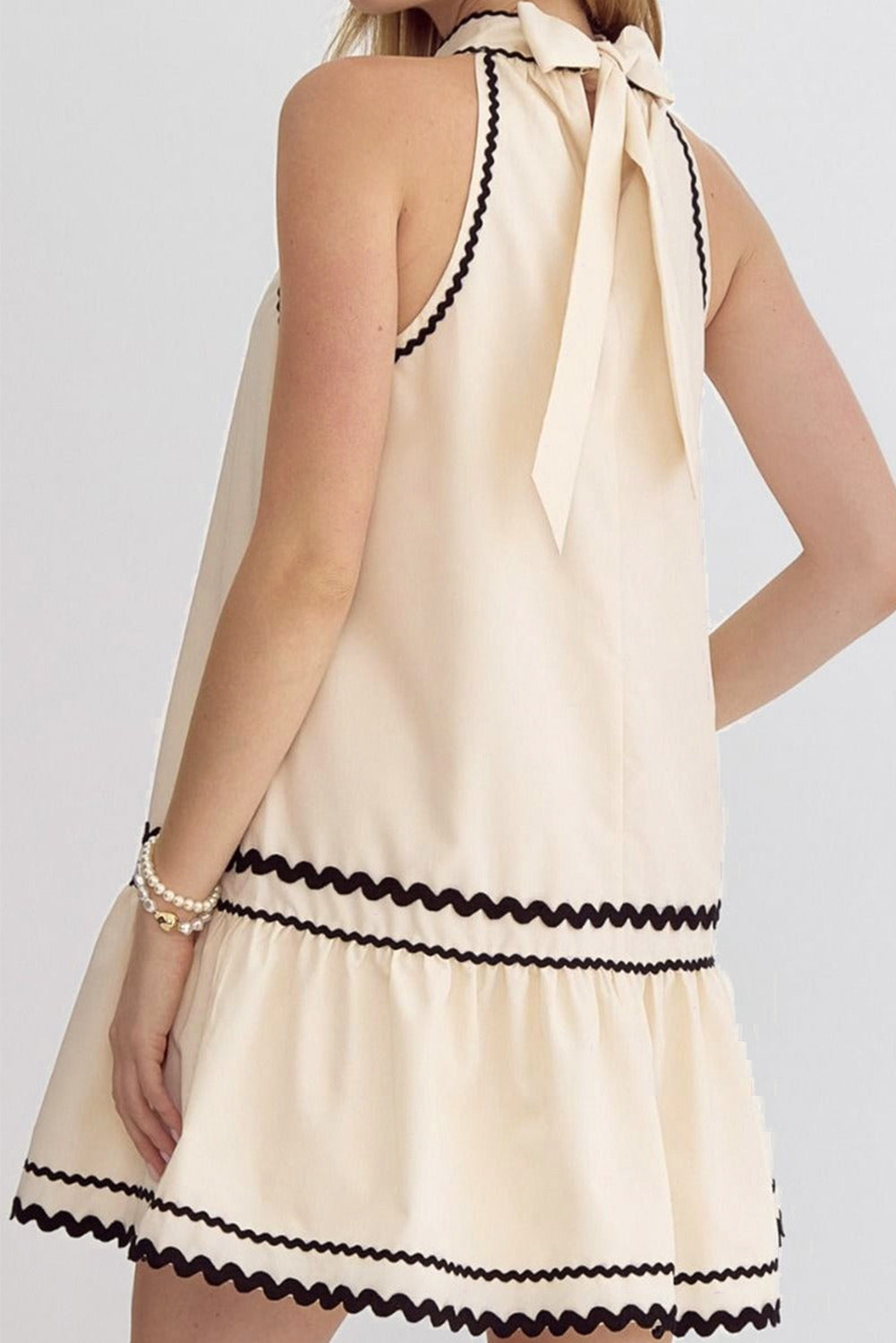 Kaki streep ric rac trim halter a-line mouwloze mini-jurk