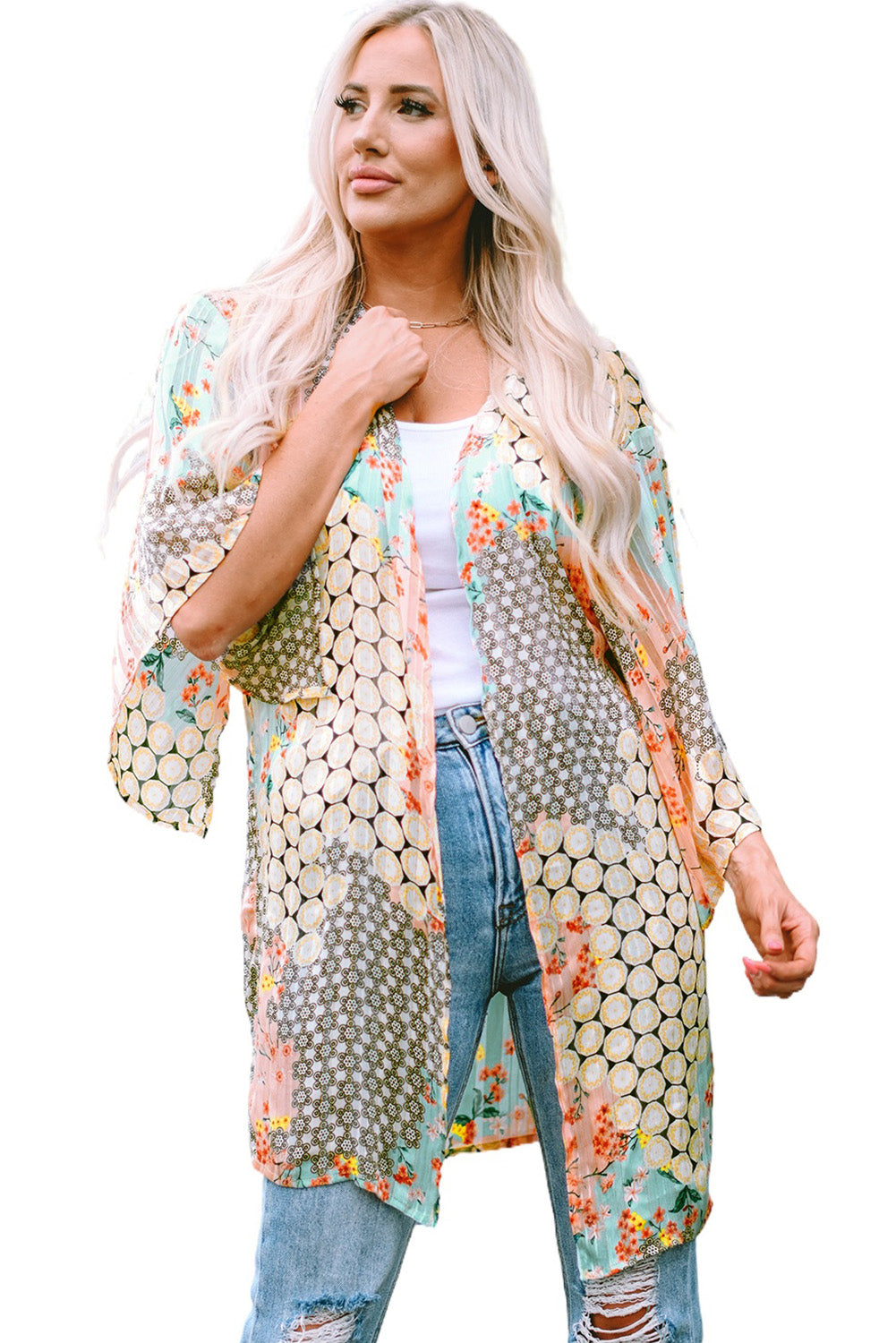 Veelkleurige bloemen open pure glanzende kimono