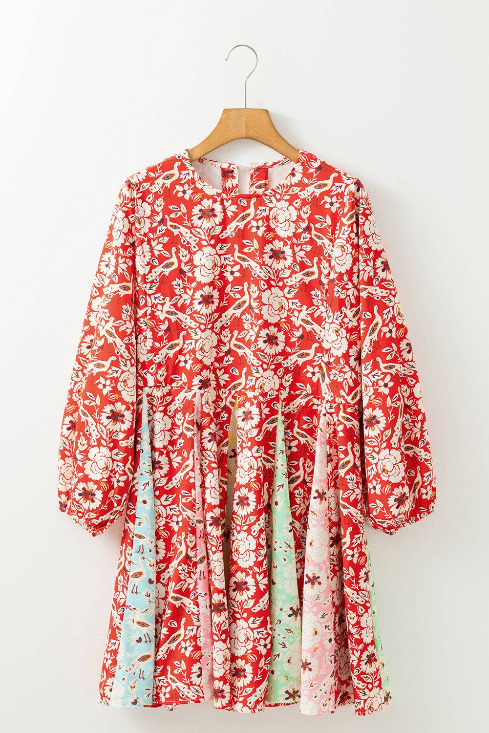 Rood kleurrijke bloemen patchwork lange mouw geplooide mini -jurk