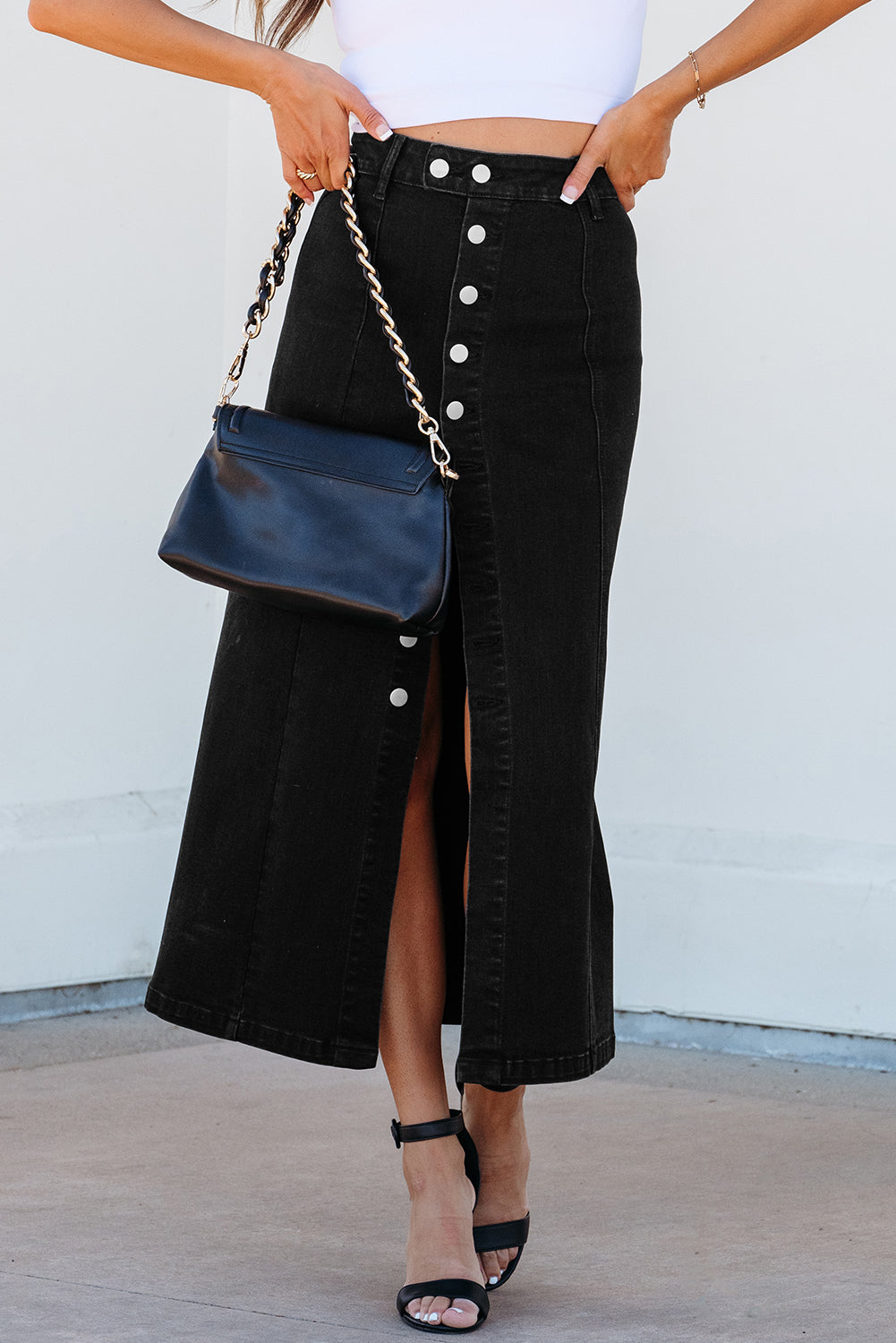Zwarte knop vliegzijde split split hoge taille denim midi rok