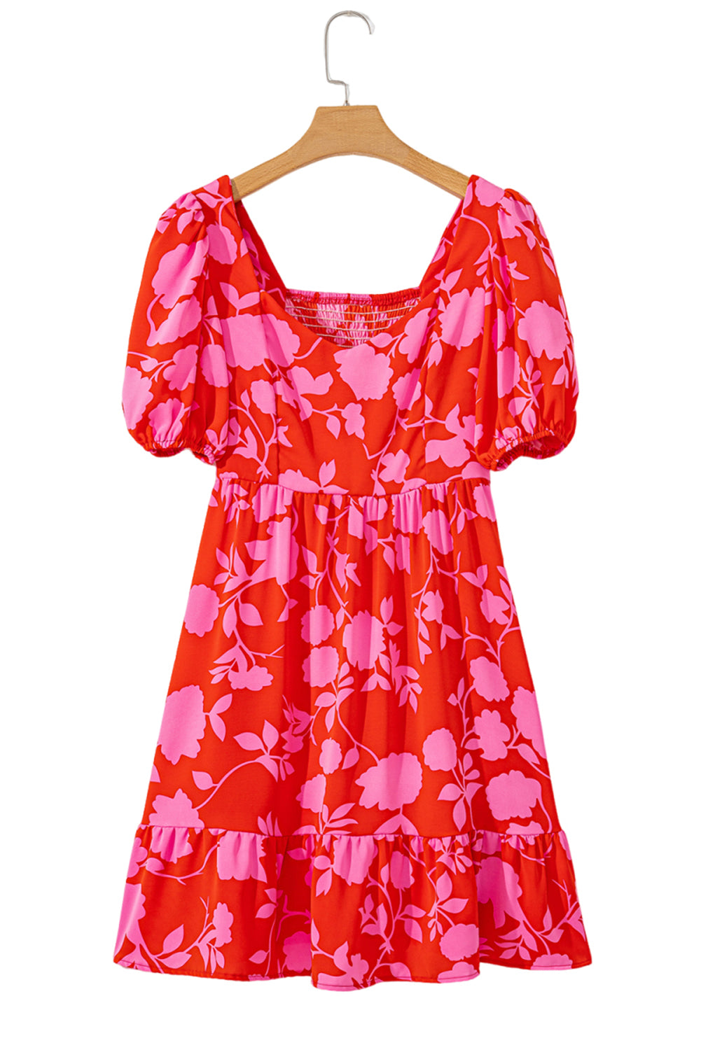 Rode bloemen bubbel mouw sweetheart nek gegolfde mini jurk