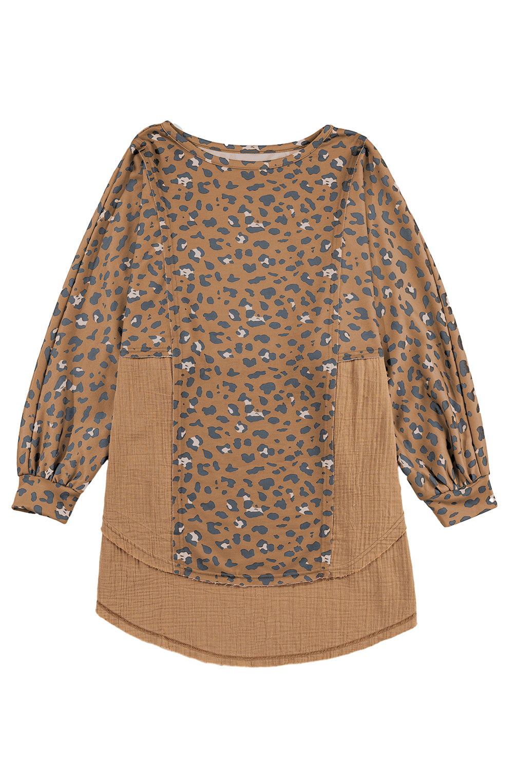 Bruin bedrukte ruwe rand luipaard patchwork oversized blouse