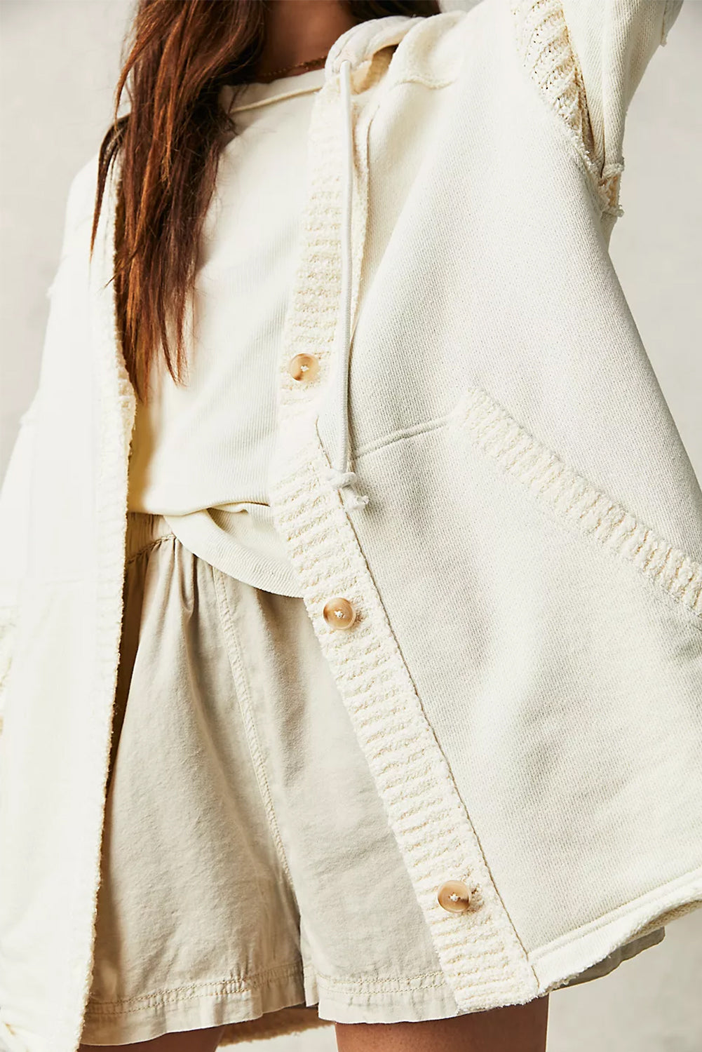Beige Contrast Knit Patchwork Functionele Jas met Capuchon