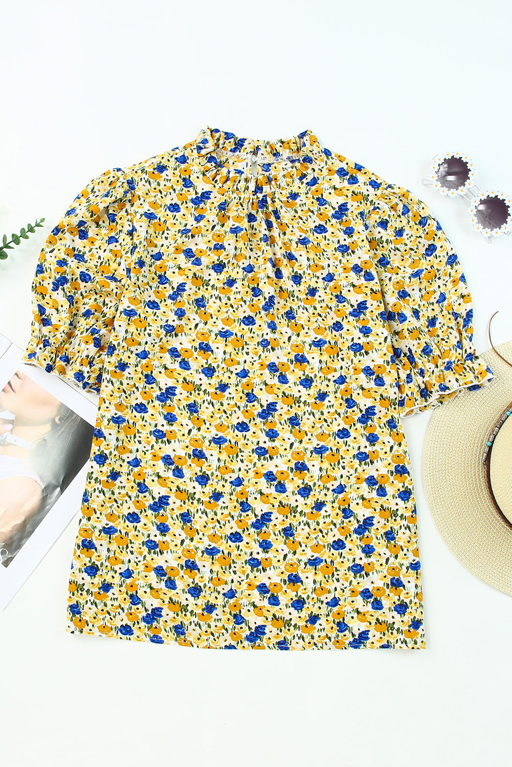 Gele Boho bloemen ruches korte mouw franje mock hals blouse