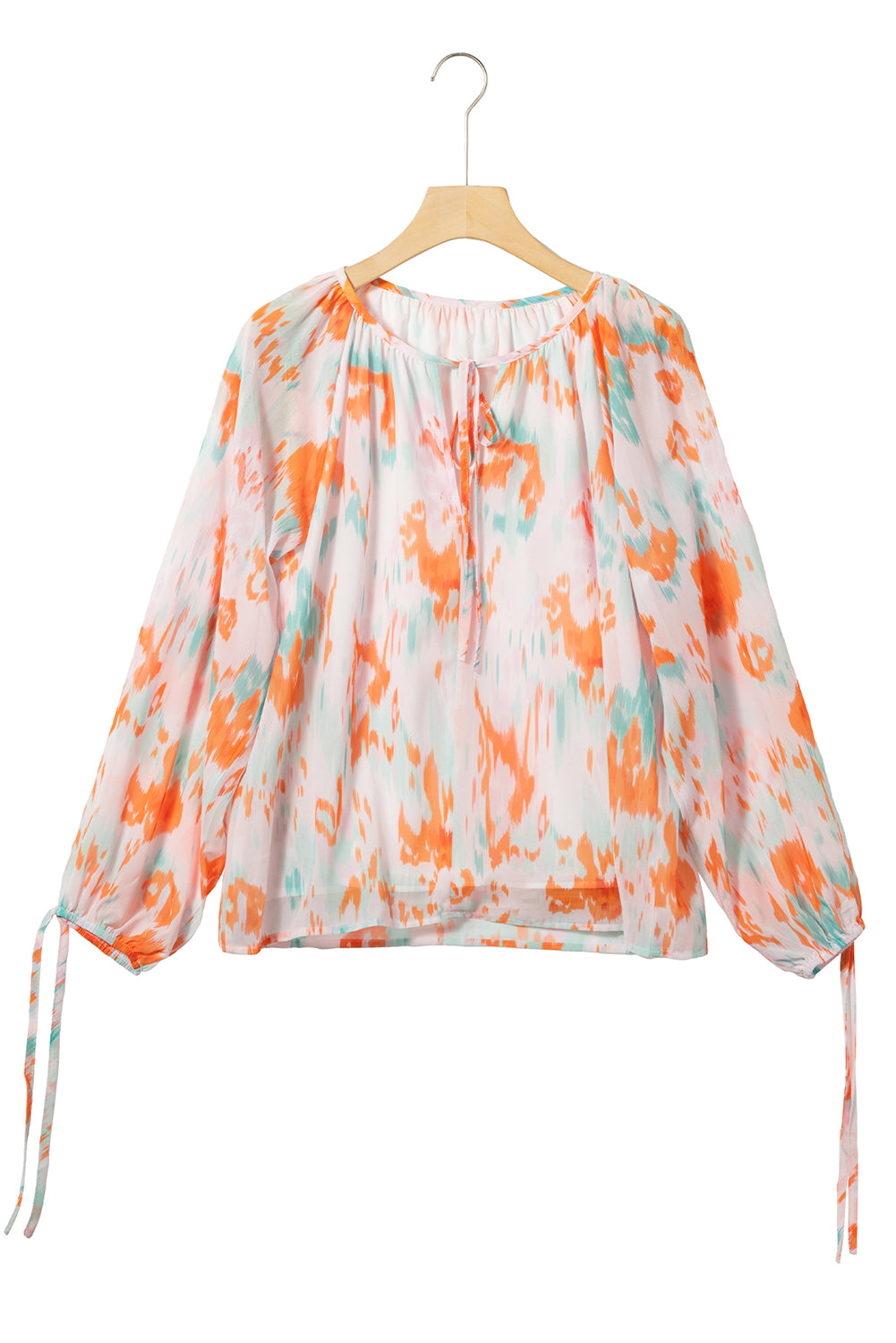 Blouse met veelkleurige abstracte print en splithals en pofmouwen