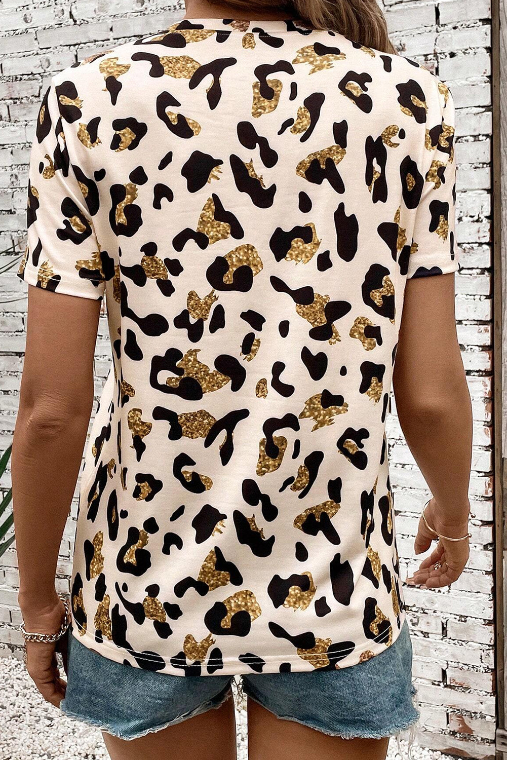 Abrikoos luipaard afdruk ronde nek casual t -shirt
