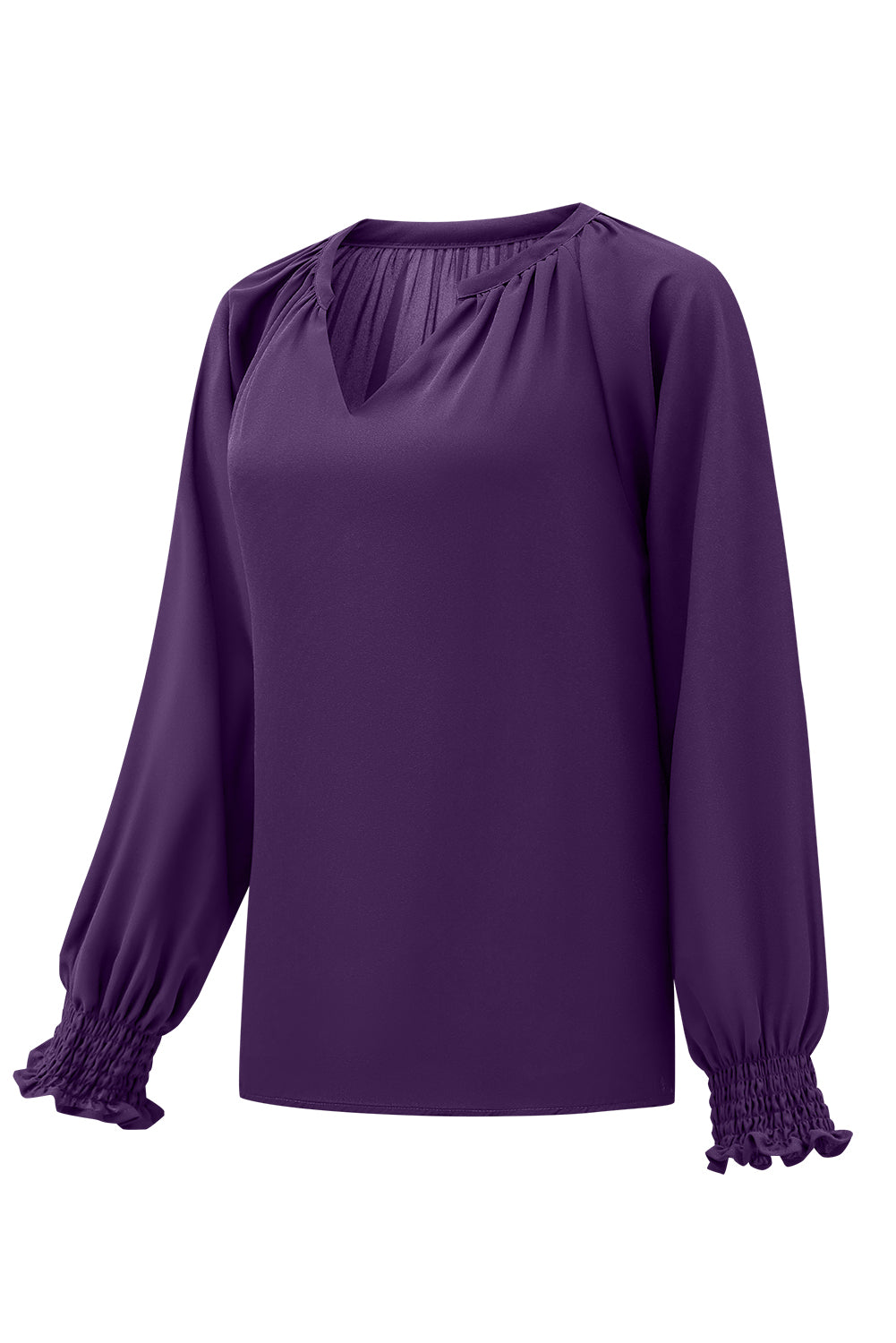 Paarse geplooide blouse met V-hals en gezwollen mouwen