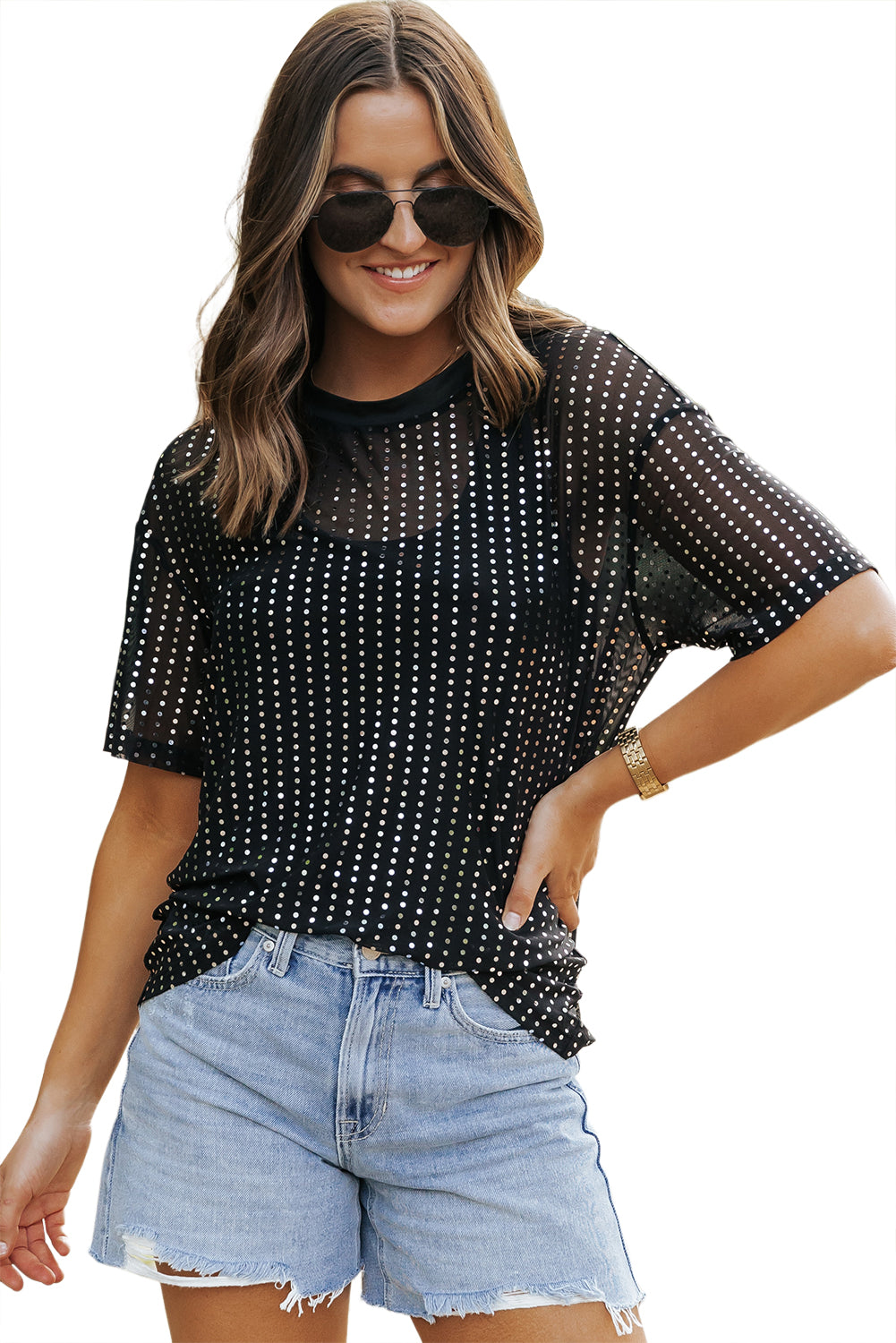 Zwart transparant T-shirt met lage schouder en pailletten