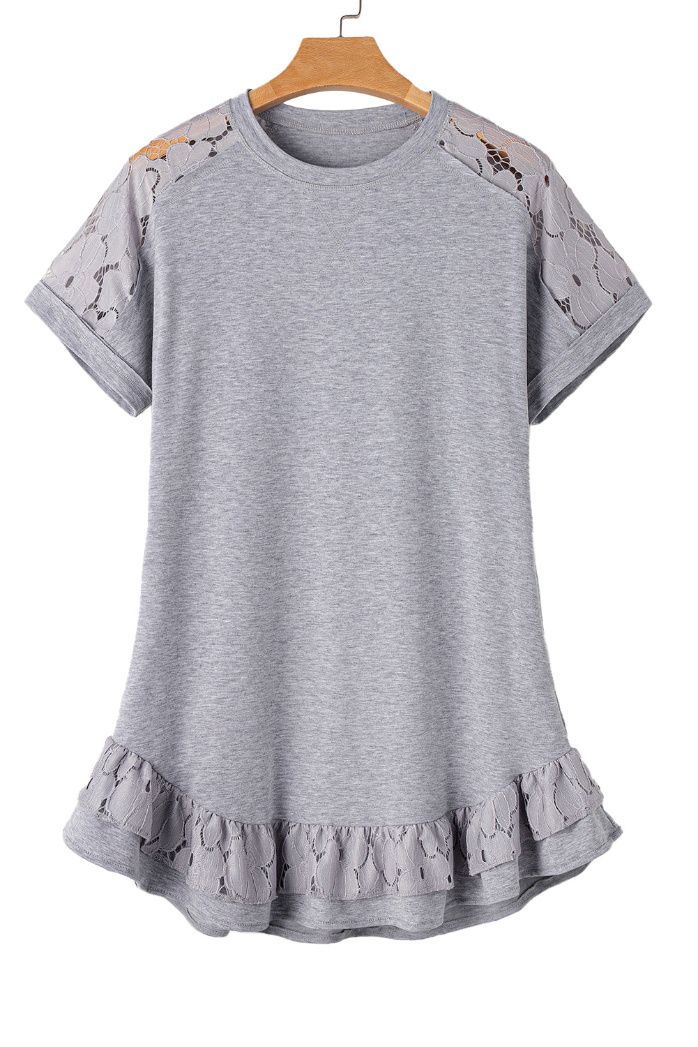 Lichtgrijze T-shirtjurk met kanten bloemenpatchwork en ruches