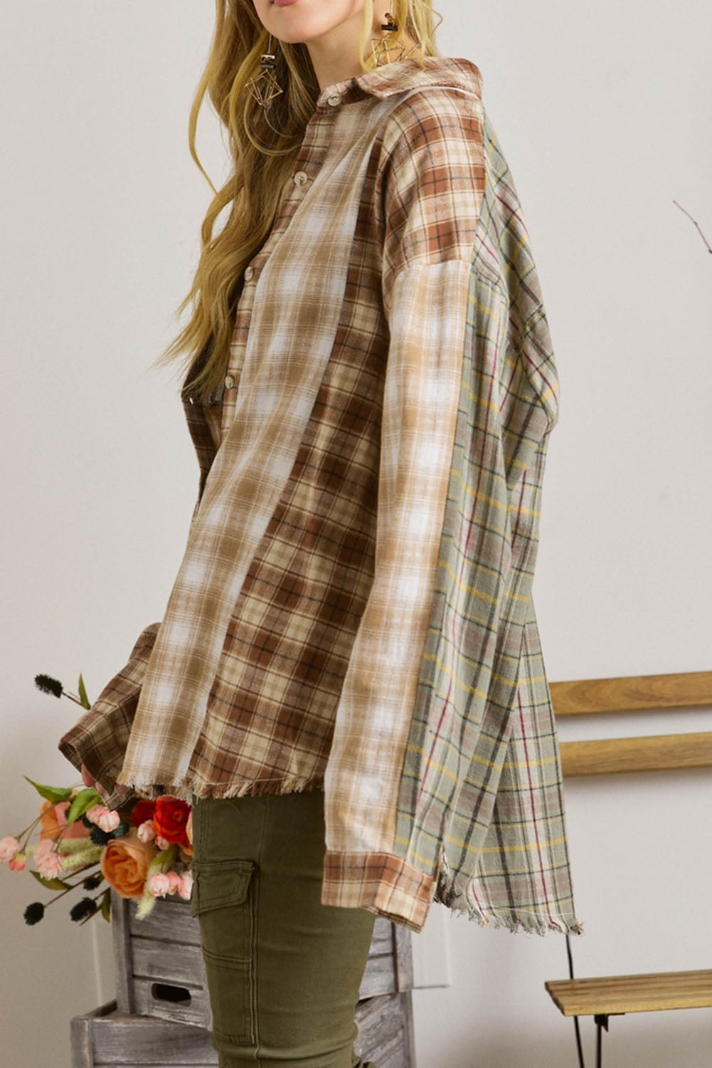 Bruin multi-geruit casual overhemd met ruwe rand en patchwork