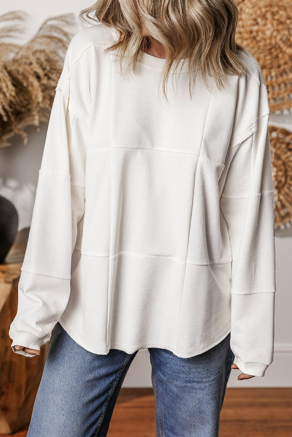 Licht Frans beige effen kleur patchwork drop schouder baggy sweatshirt