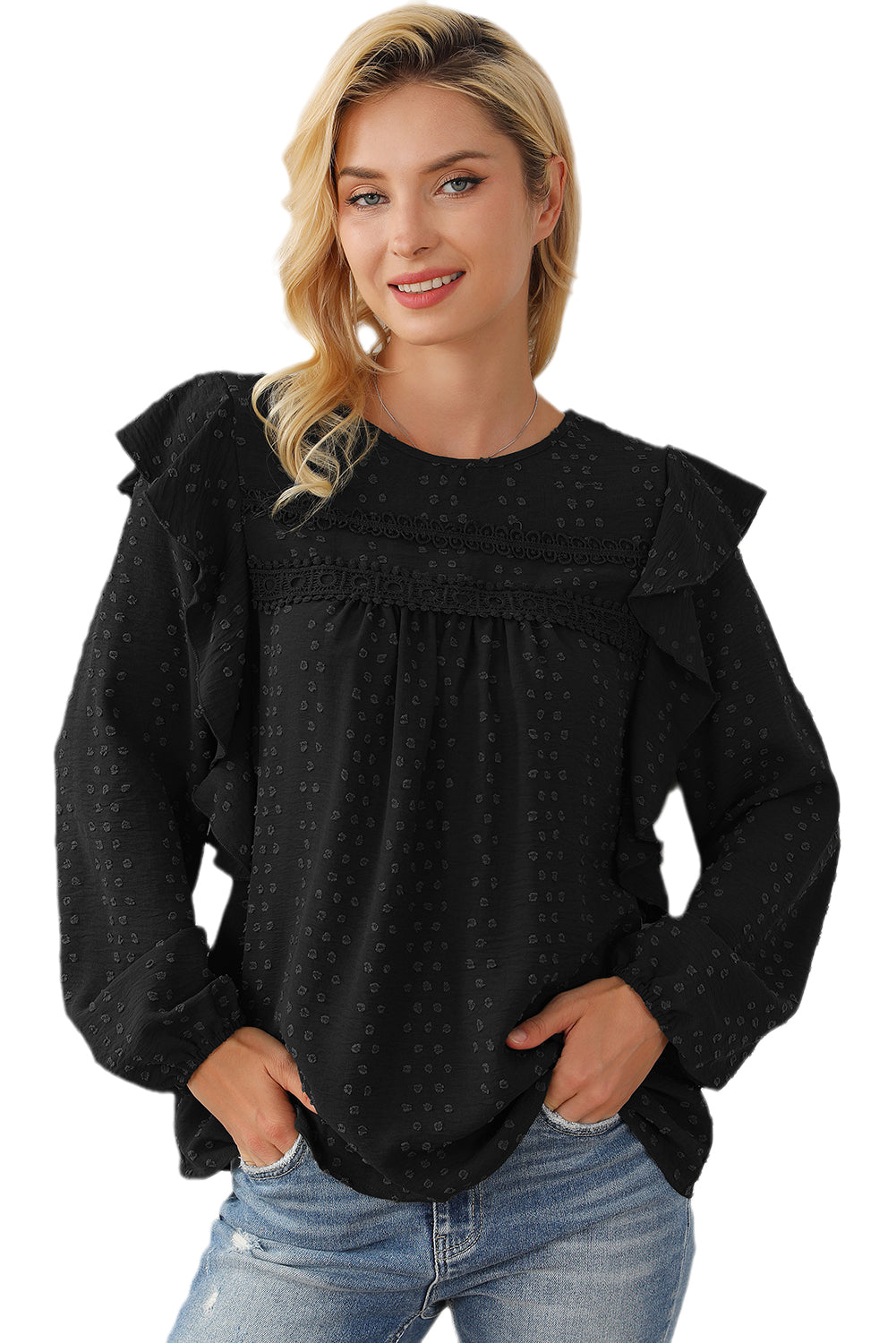 Zwarte kanten blouse met oogjes, ruches, schouder en lange mouwen