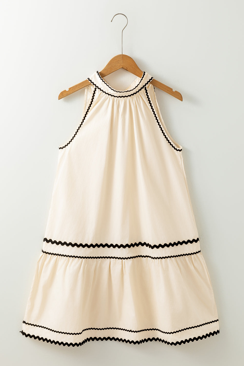 Kaki streep ric rac trim halter a-line mouwloze mini-jurk