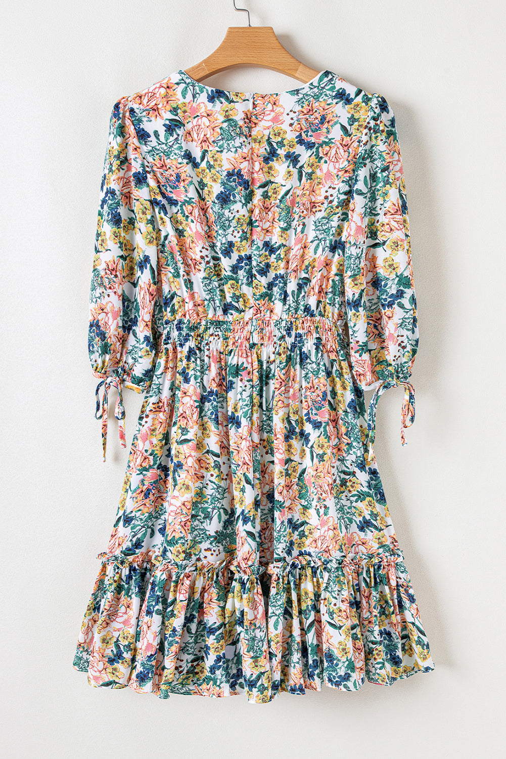 Sky Blue Floral 3/4 Sleeve V Neck High Taille Ruffled Dress