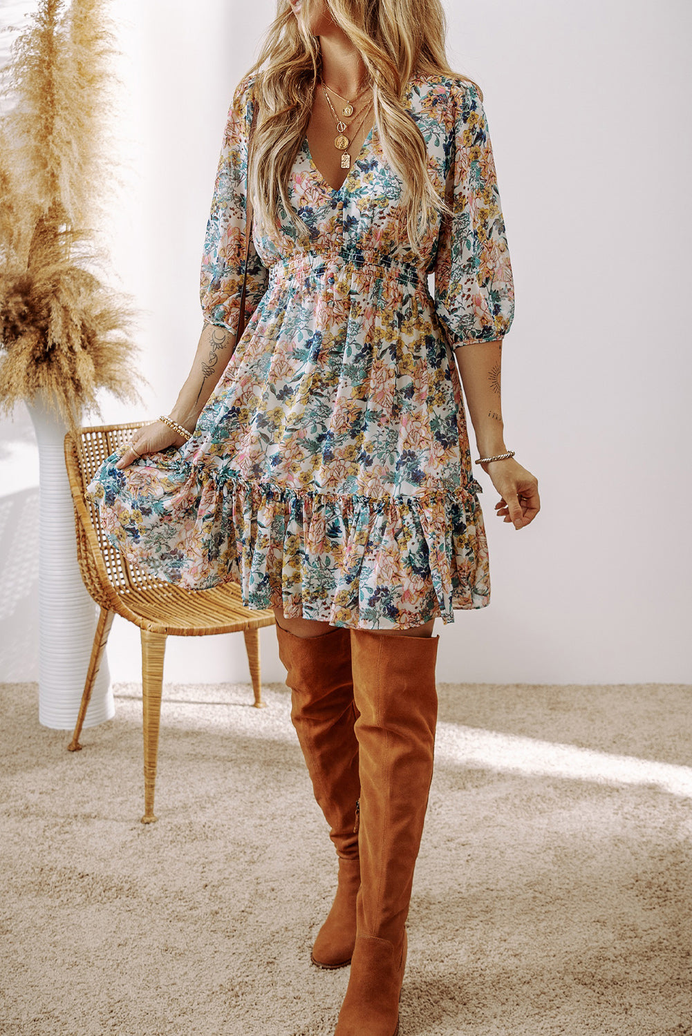 Sky Blue Floral 3/4 Sleeve V Neck High Taille Ruffled Dress