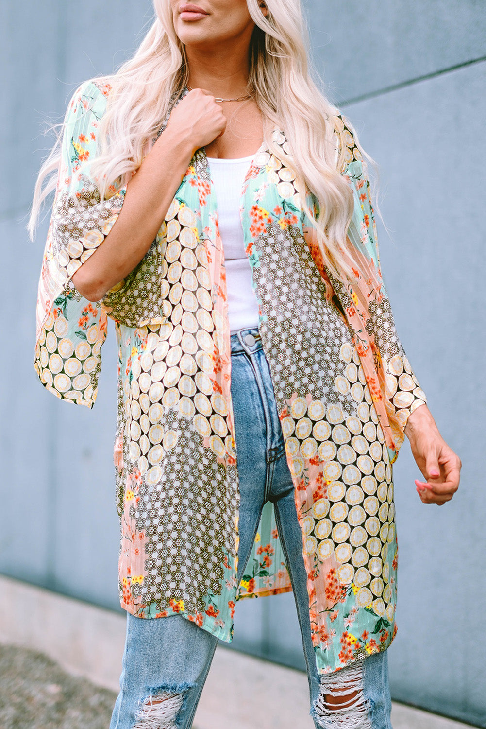 Veelkleurige bloemen open pure glanzende kimono