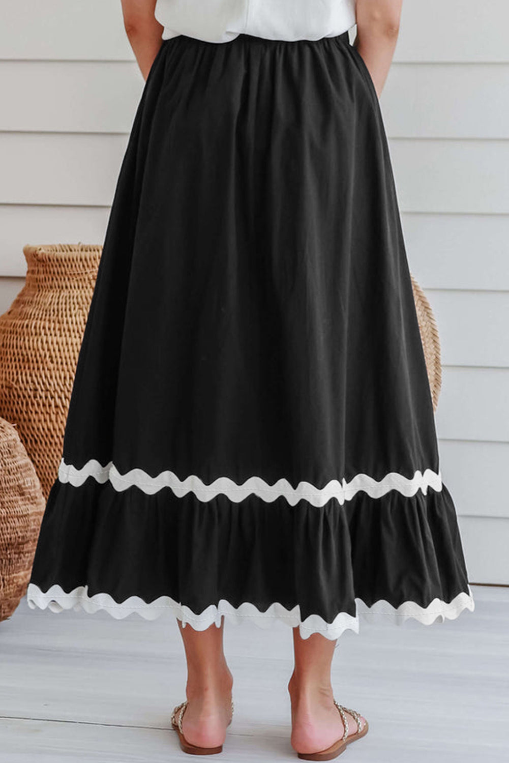 Zwarte Ricrac Trim Colorblock lange rok met hoge taille
